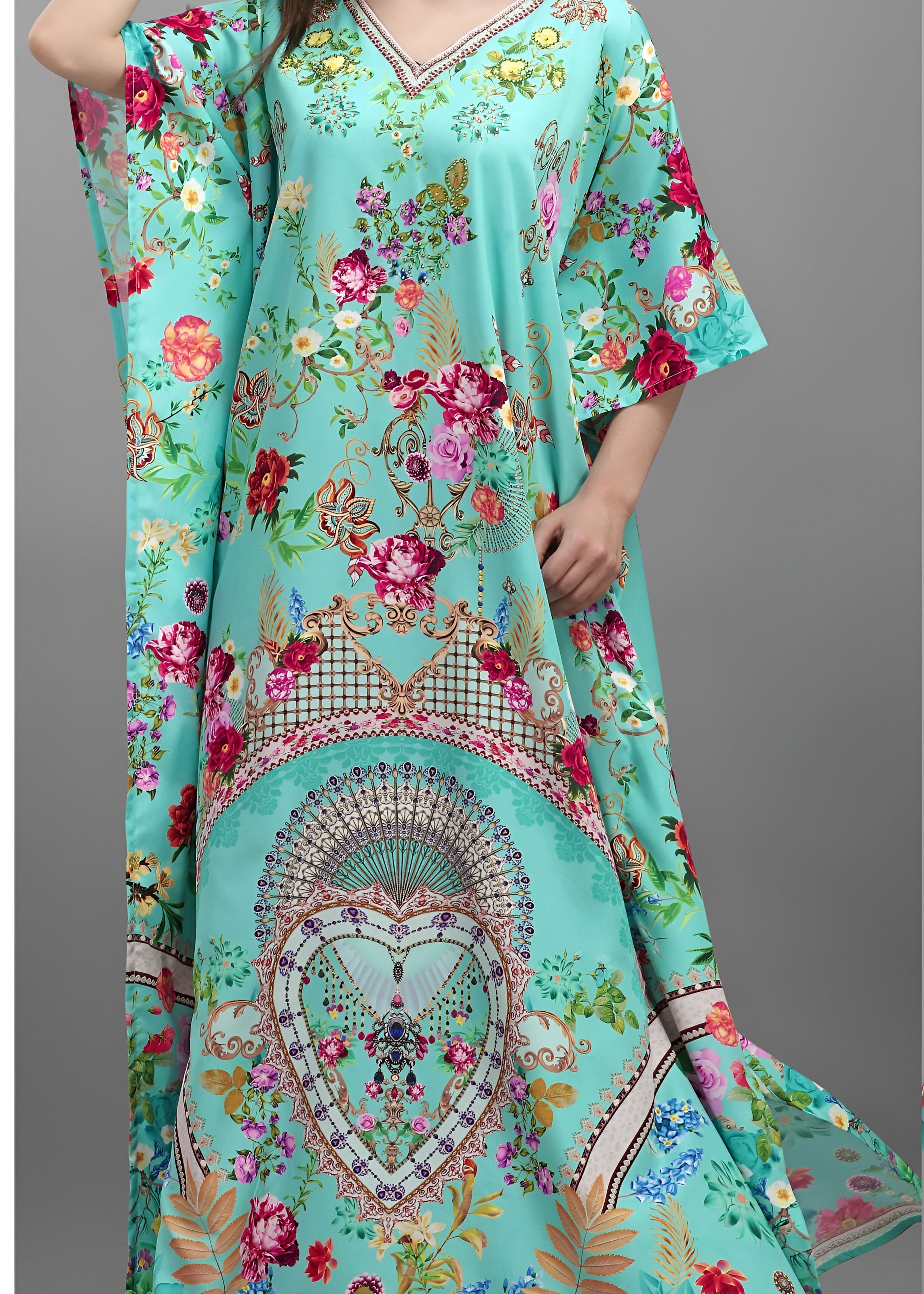 Multi Polyester Crepe Readymade Kaftan Digital Print With Stone Work