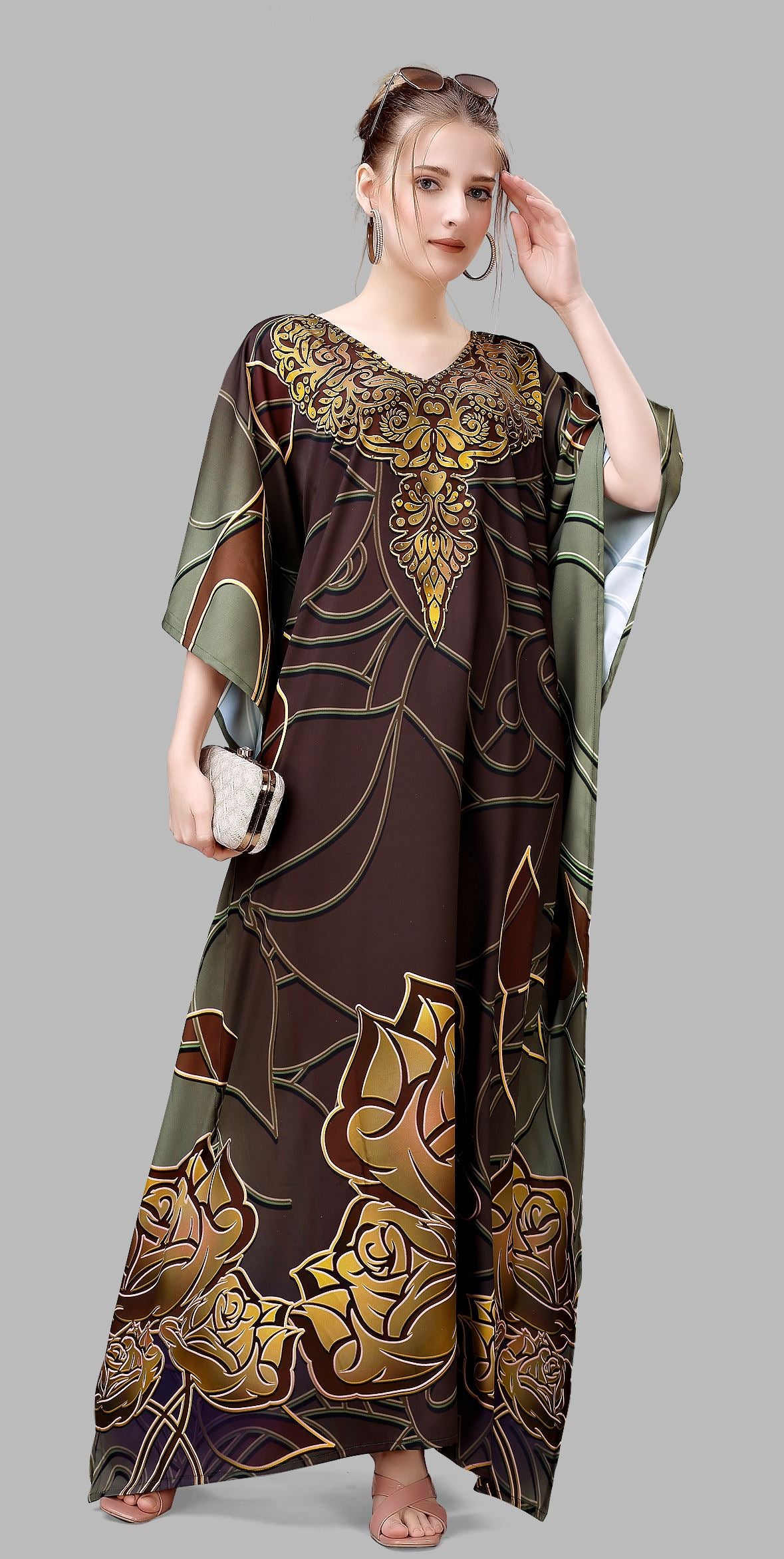 Multi Polyester Crepe Readymade Kaftan Digital Print With Stone Work