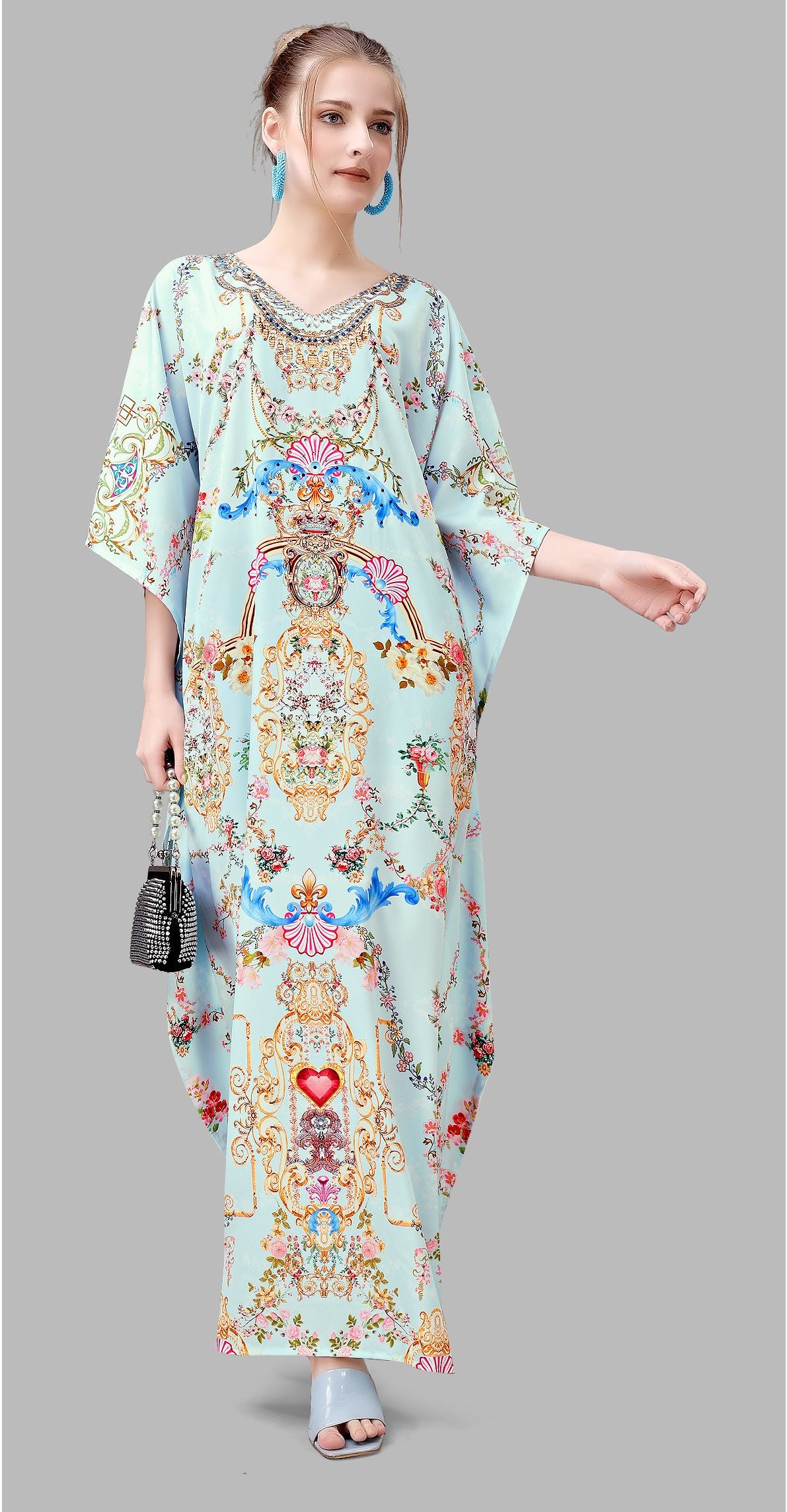Multi Polyester Crepe Readymade Kaftan Digital Print With Stone Work