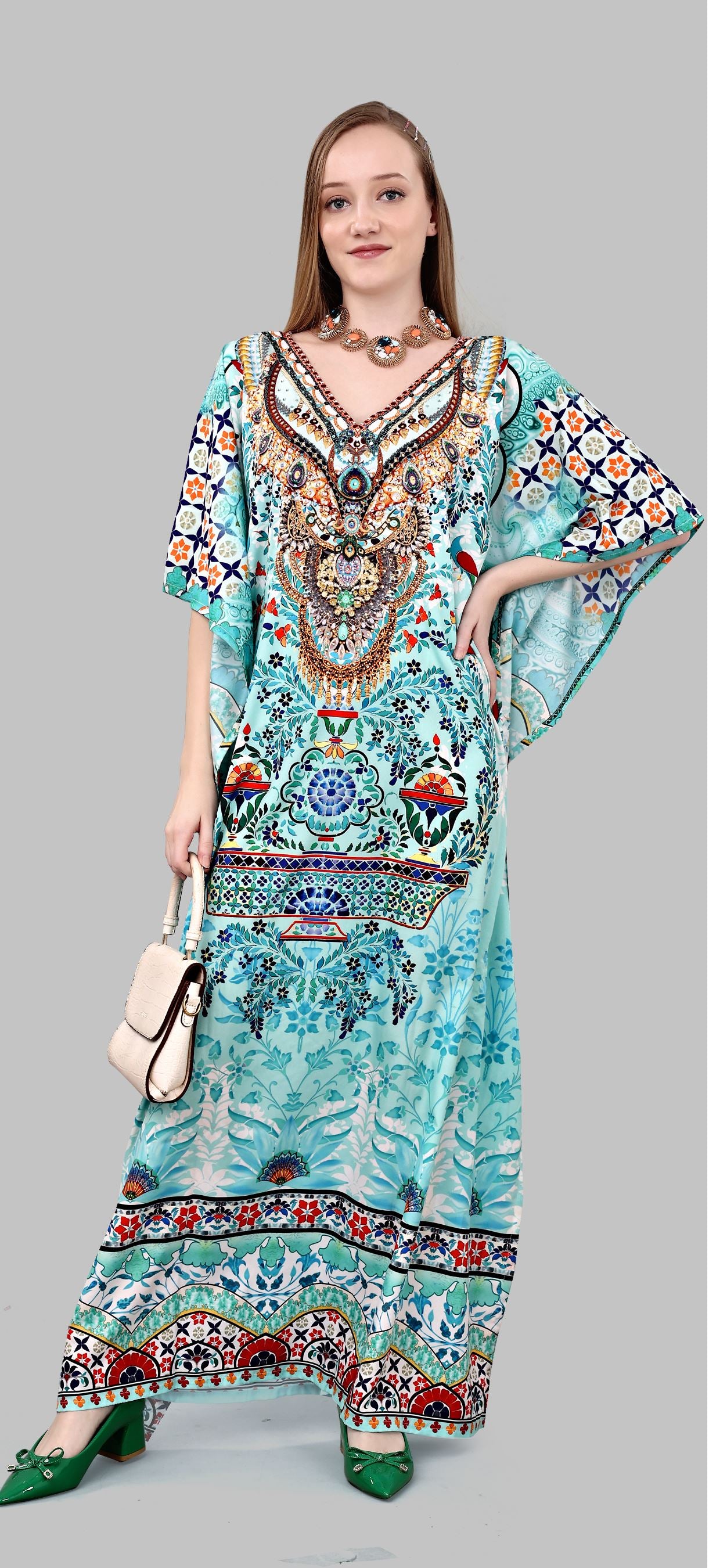 Multi Polyester Crepe Readymade Kaftan Digital Print With Stone Work