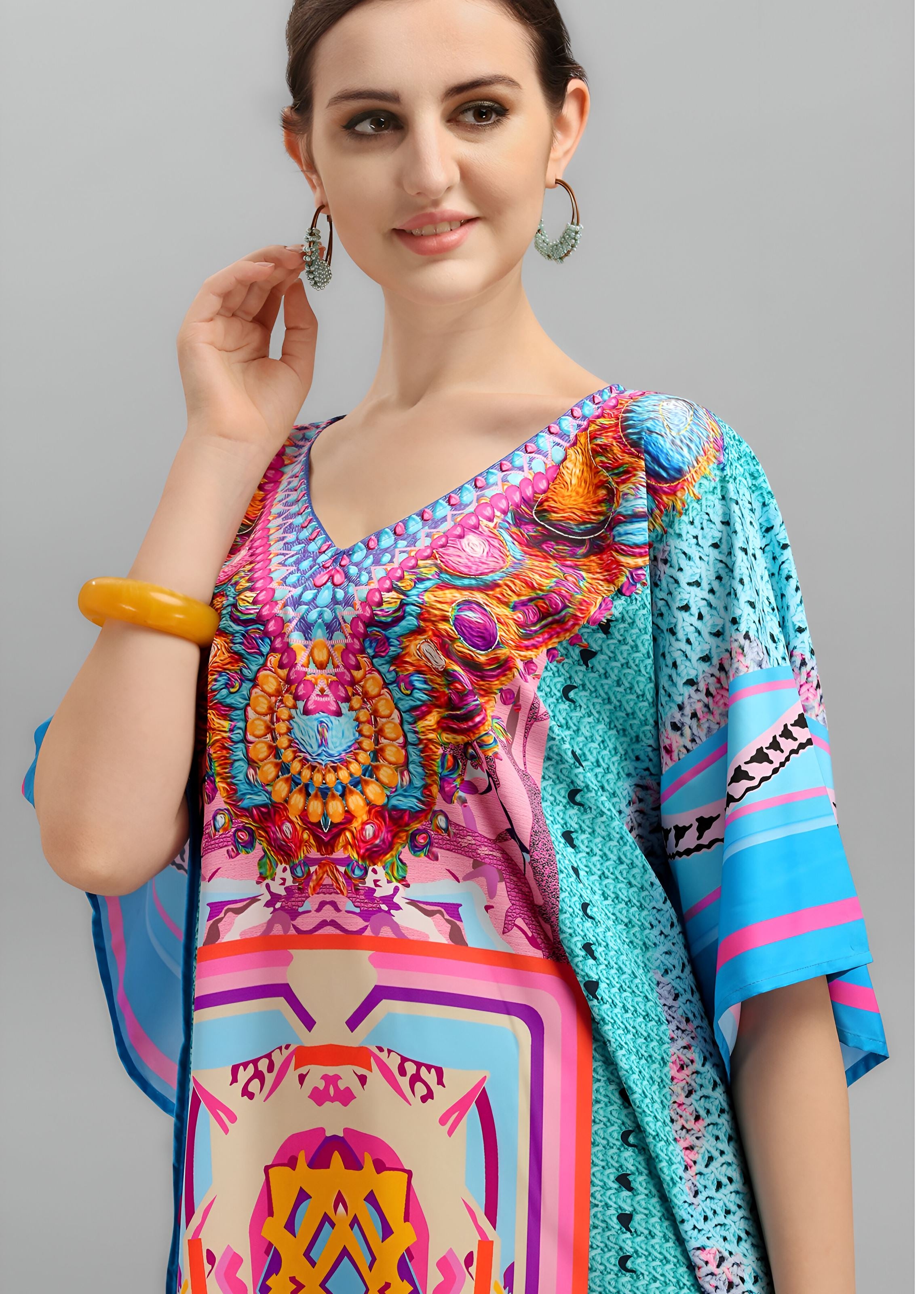 Multi Polyester Crepe Readymade Kaftan Digital Print With Stone Work