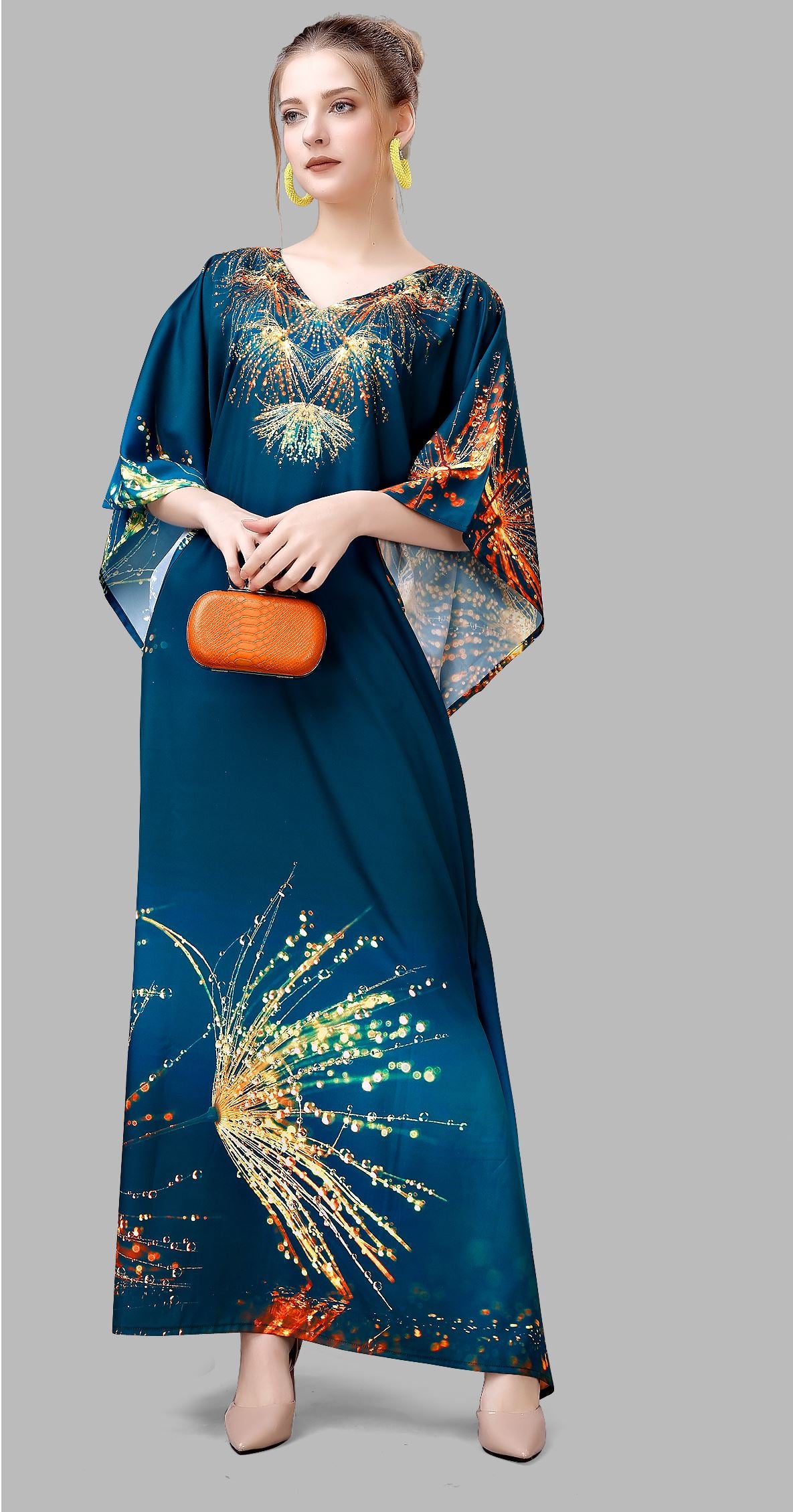 Multi Polyester Crepe Readymade Kaftan Digital Print With Stone Work