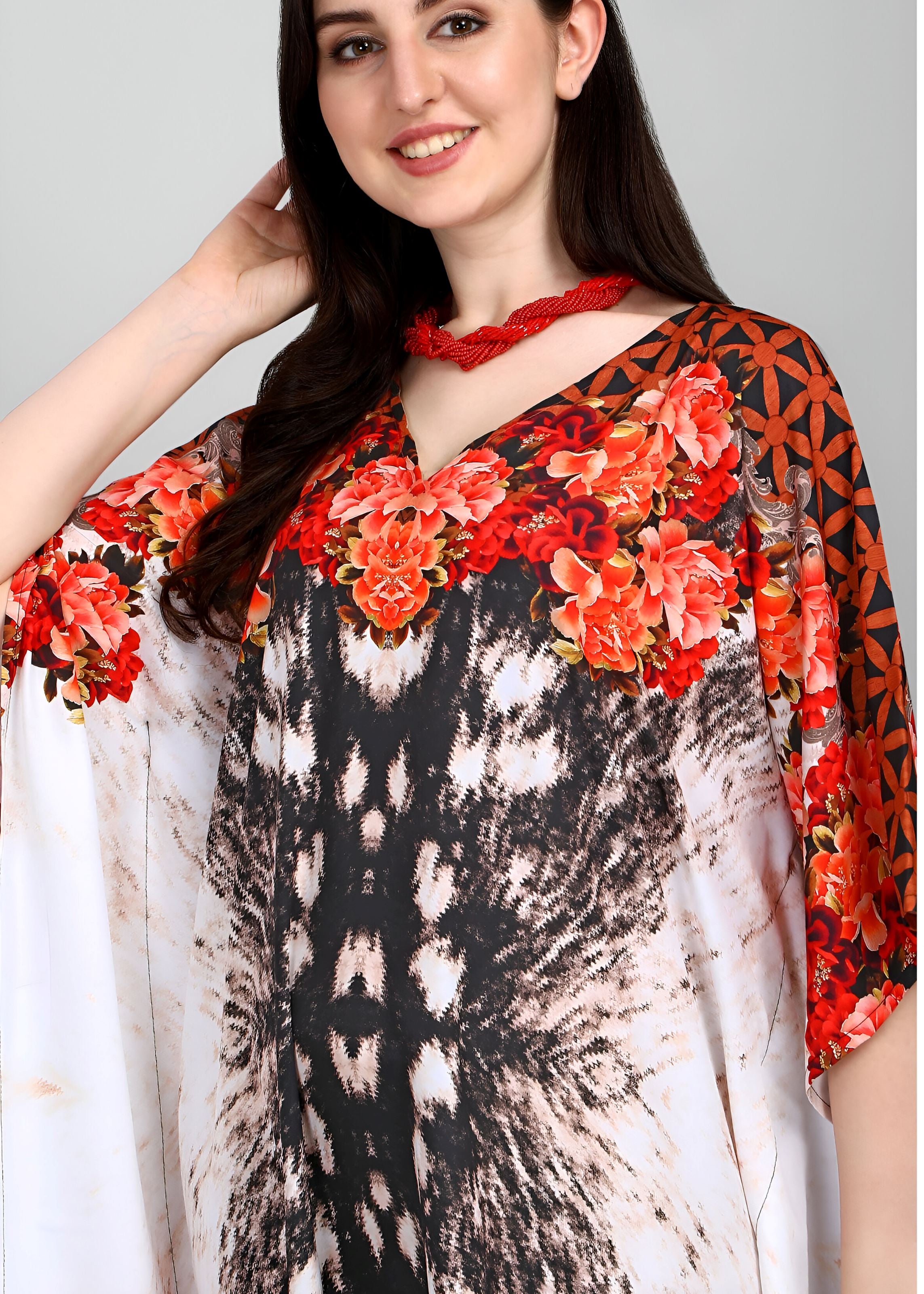 Multi Polyester Crepe Readymade Kaftan Digital Print With Stone Work