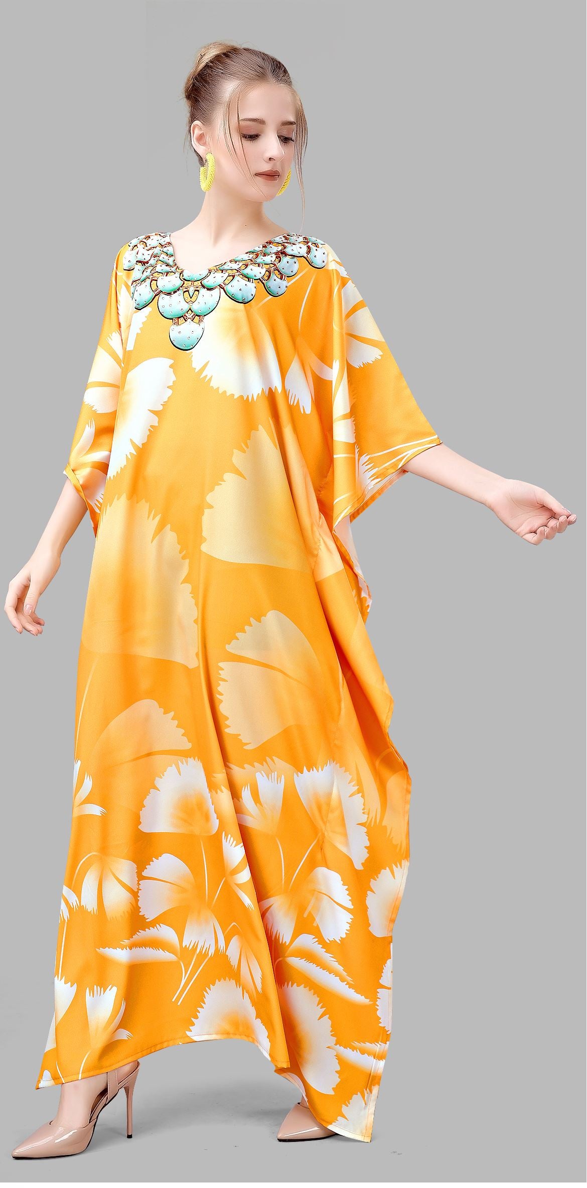 Multi Polyester Crepe Readymade Kaftan Digital Print With Stone Work