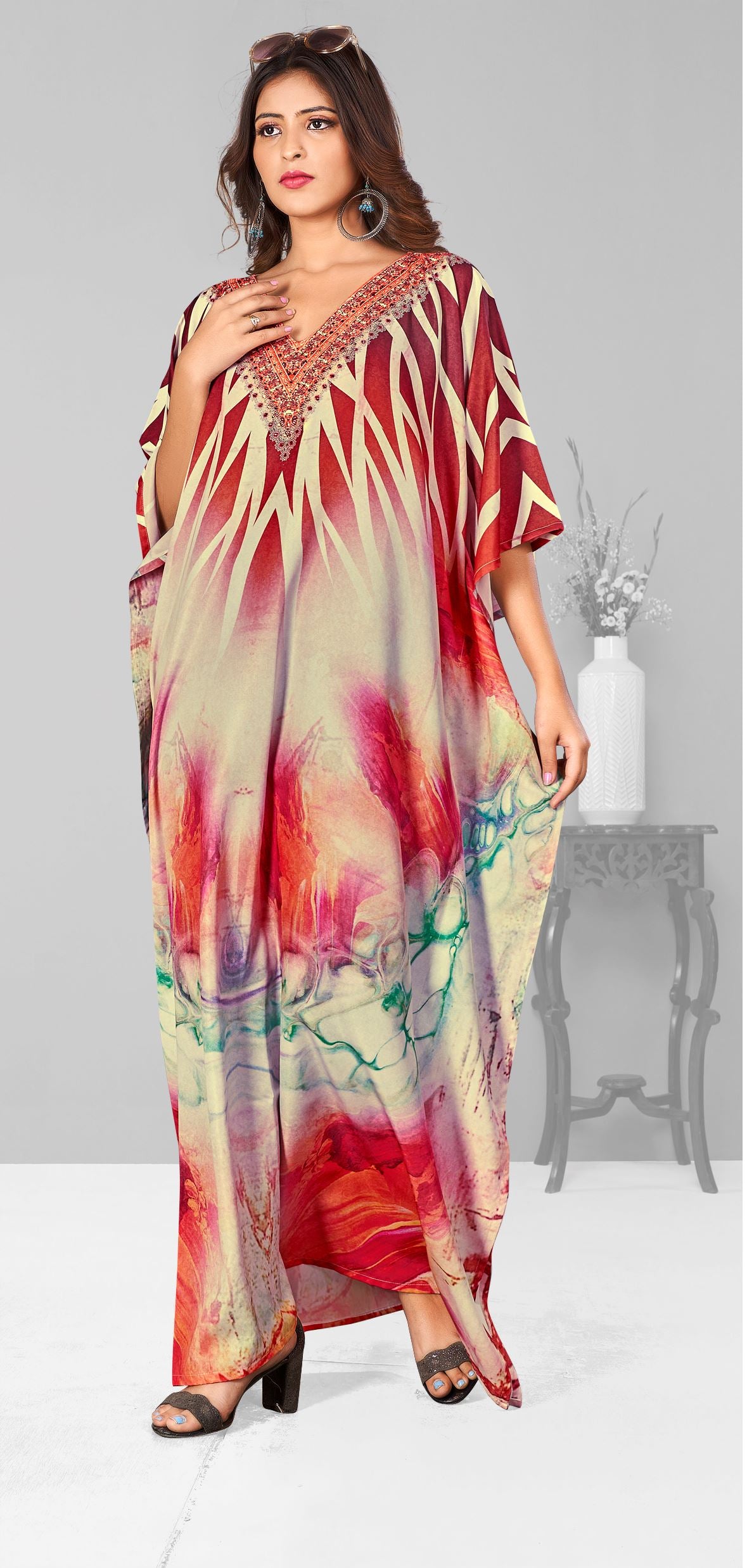 Multi Polyester Crepe Readymade Kaftan Digital Print With Stone Work