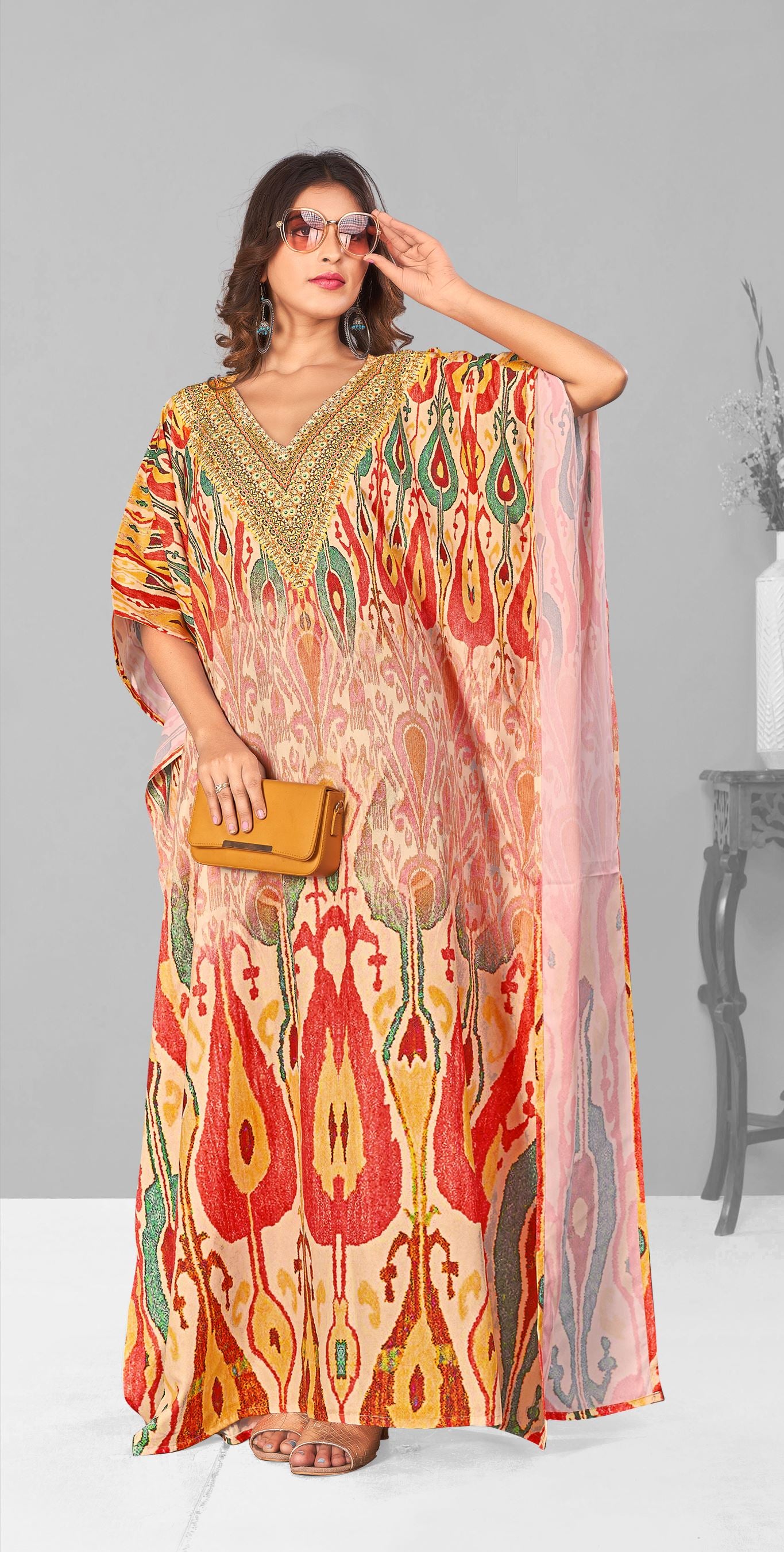 Multi Polyester Crepe Readymade Kaftan Digital Print With Stone Work