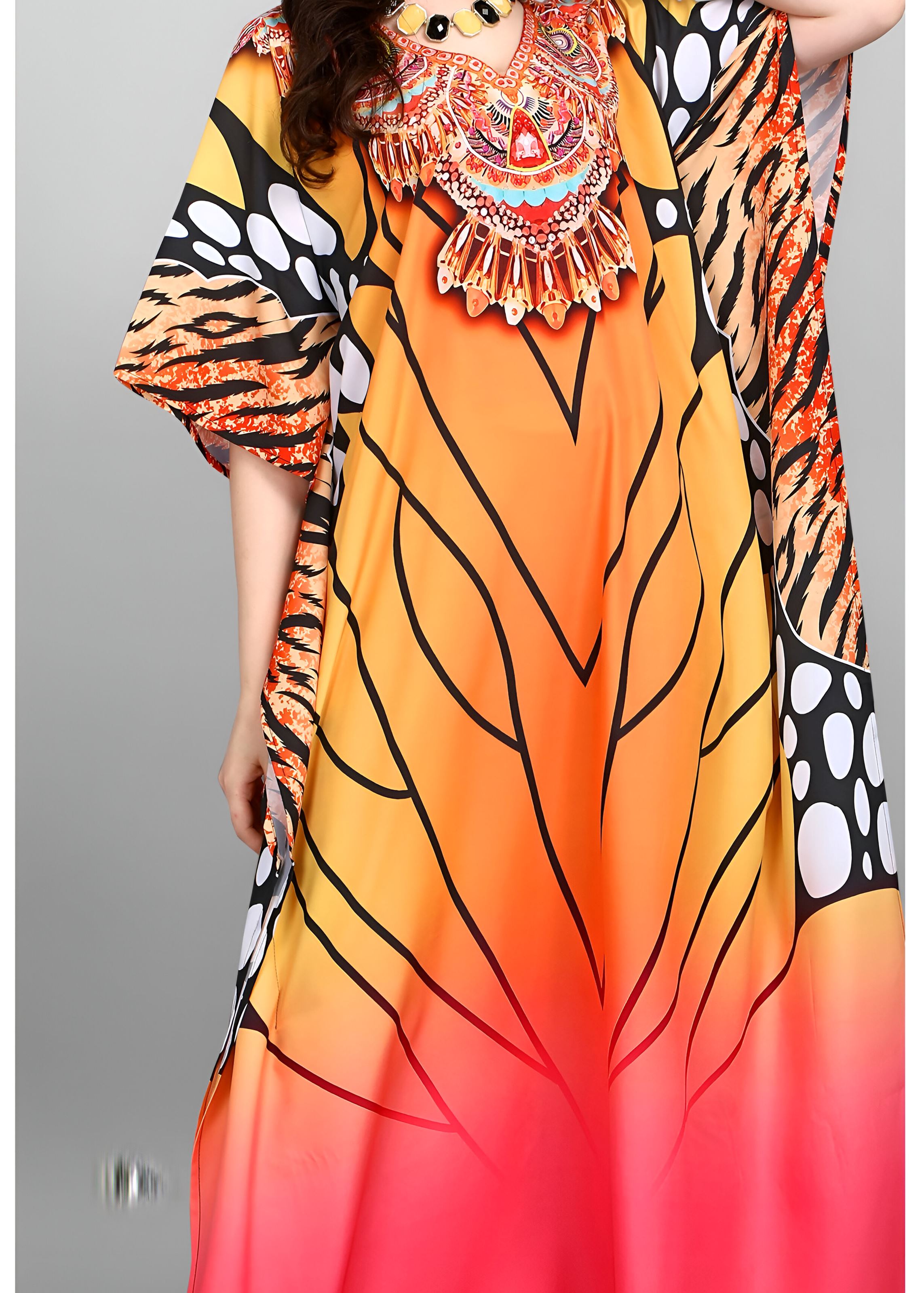 Multi Polyester Crepe Readymade Kaftan Digital Print With Stone Work