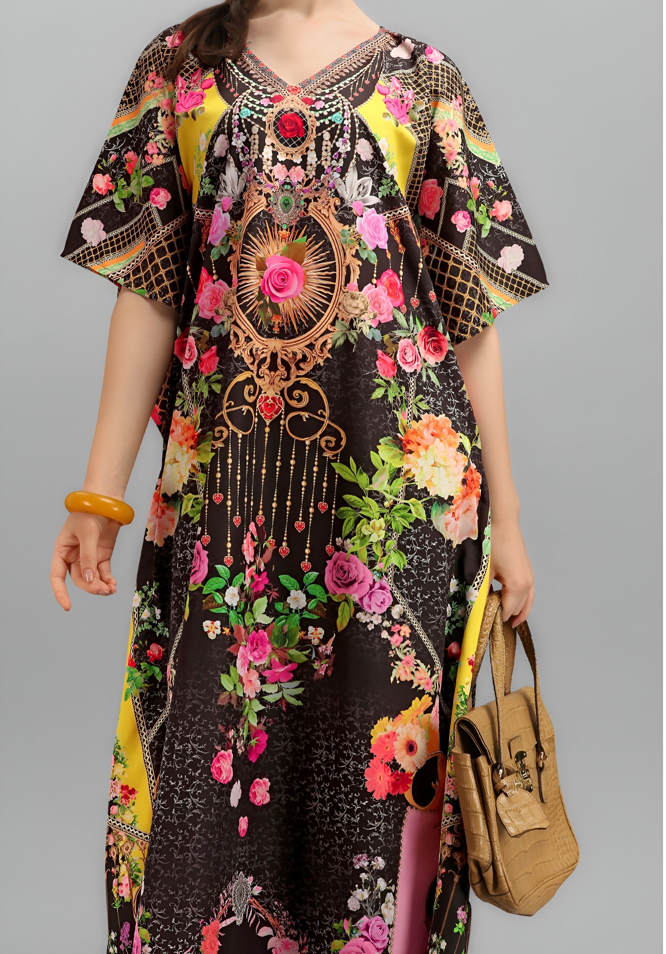 Multi Polyester Crepe Readymade Kaftan Digital Print With Stone Work