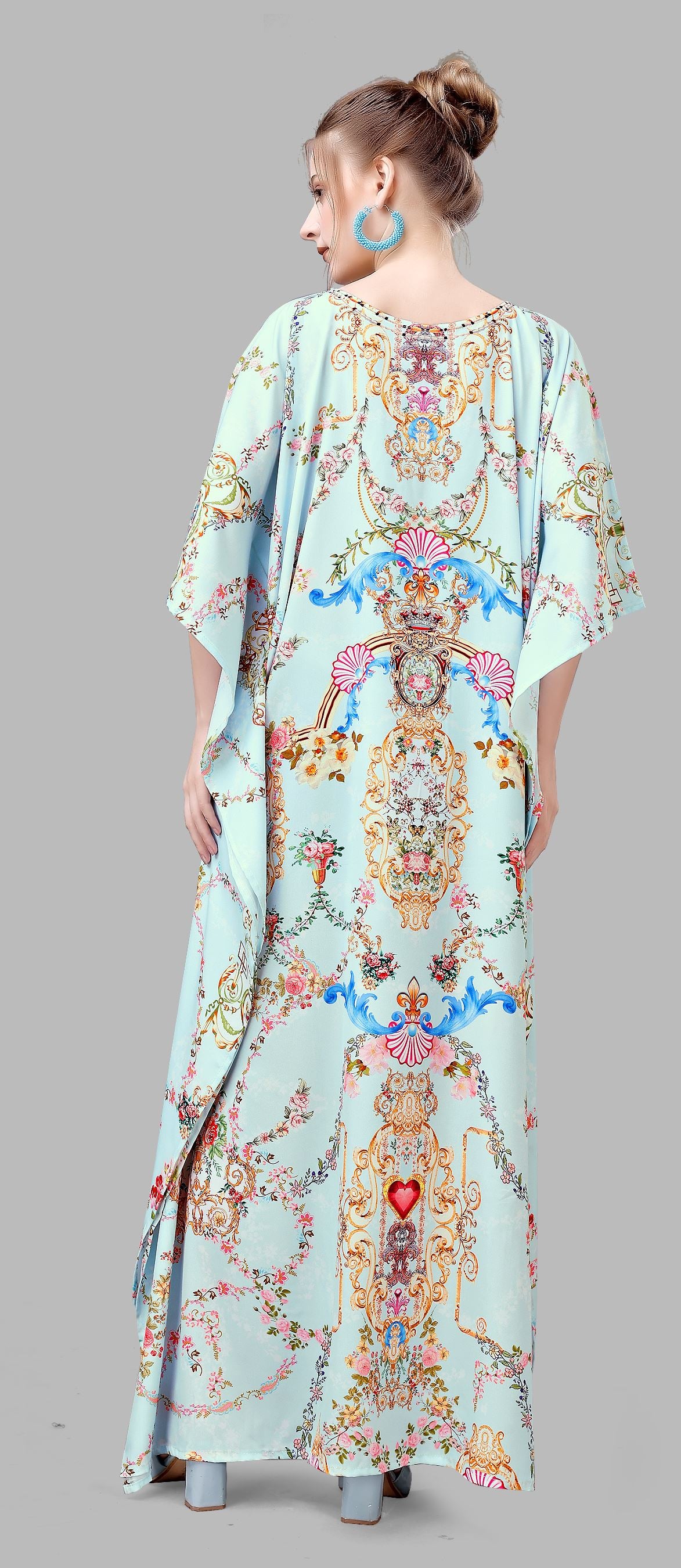 Multi Polyester Crepe Readymade Kaftan Digital Print With Stone Work
