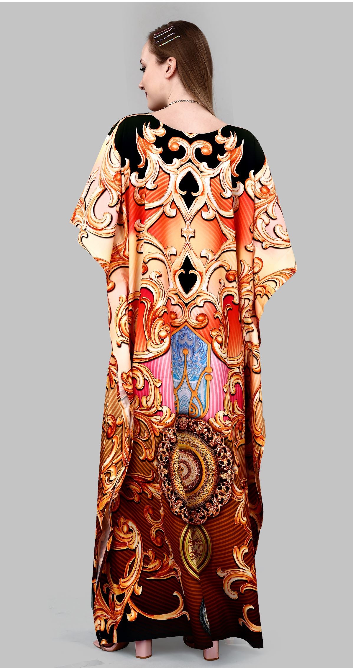 Multi Polyester Crepe Readymade Kaftan Digital Print With Stone Work