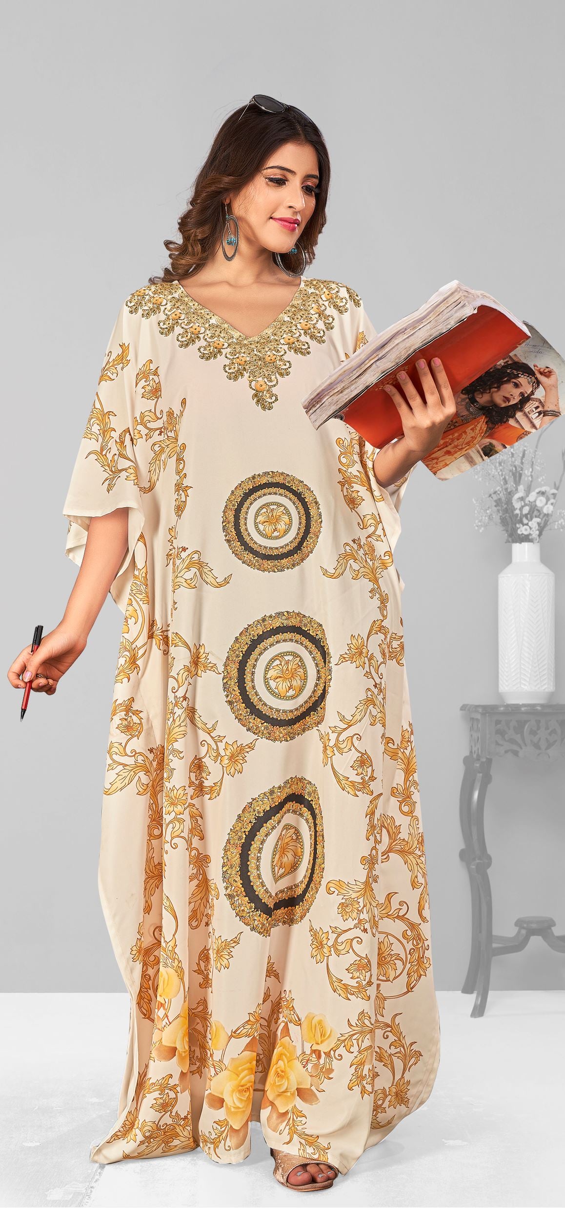 Multi Polyester Crepe Readymade Kaftan Digital Print With Stone Work