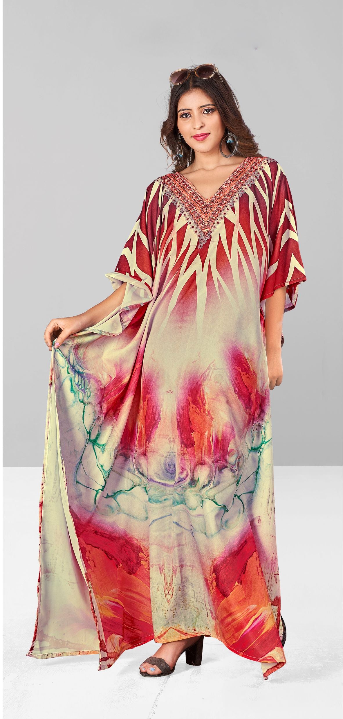 Multi Polyester Crepe Readymade Kaftan Digital Print With Stone Work