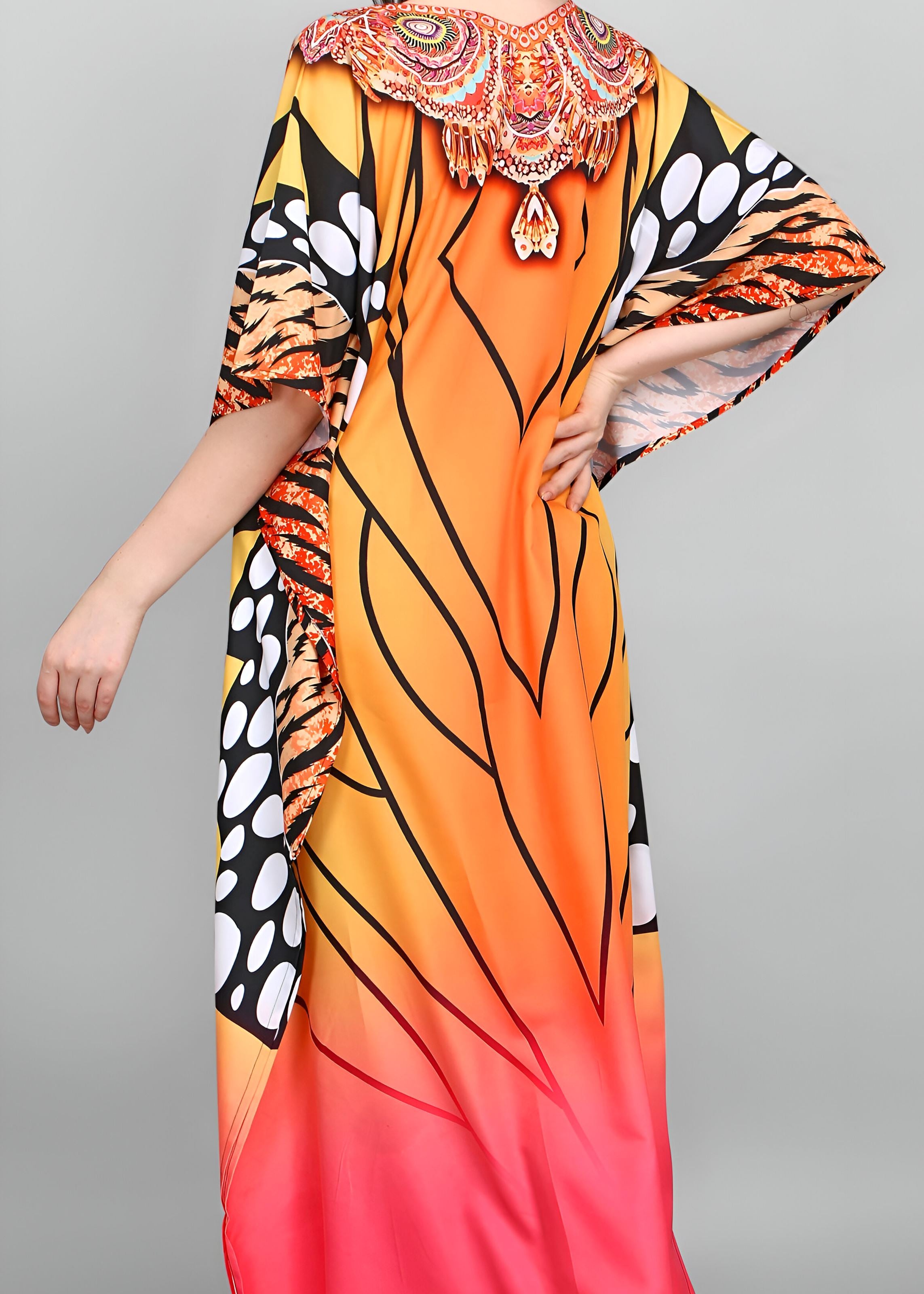 Multi Polyester Crepe Readymade Kaftan Digital Print With Stone Work