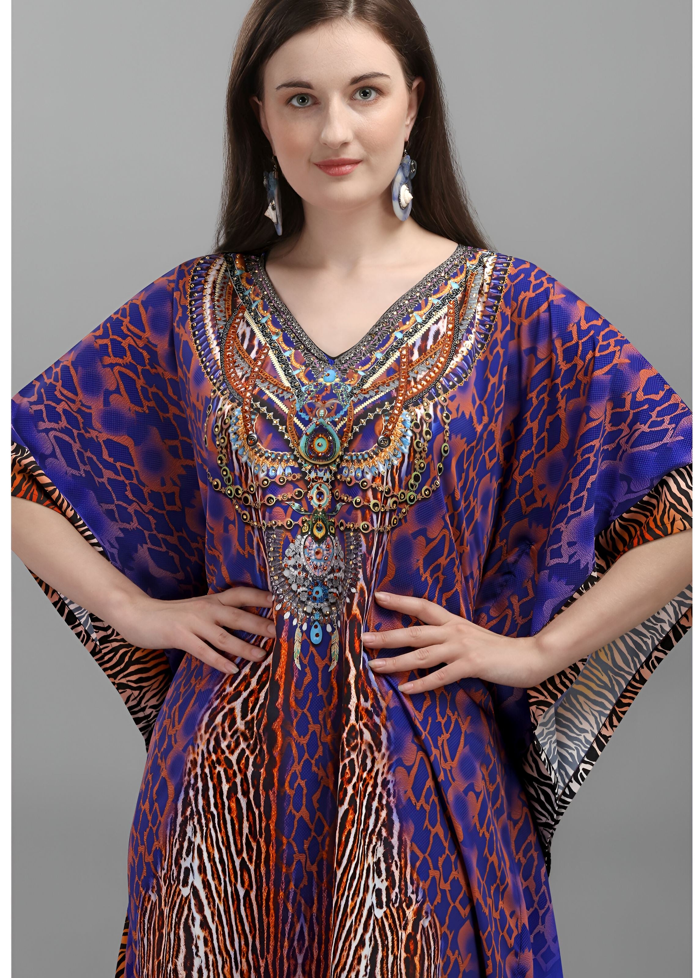 Multi Polyester Crepe Readymade Kaftan Digital Print With Stone Work