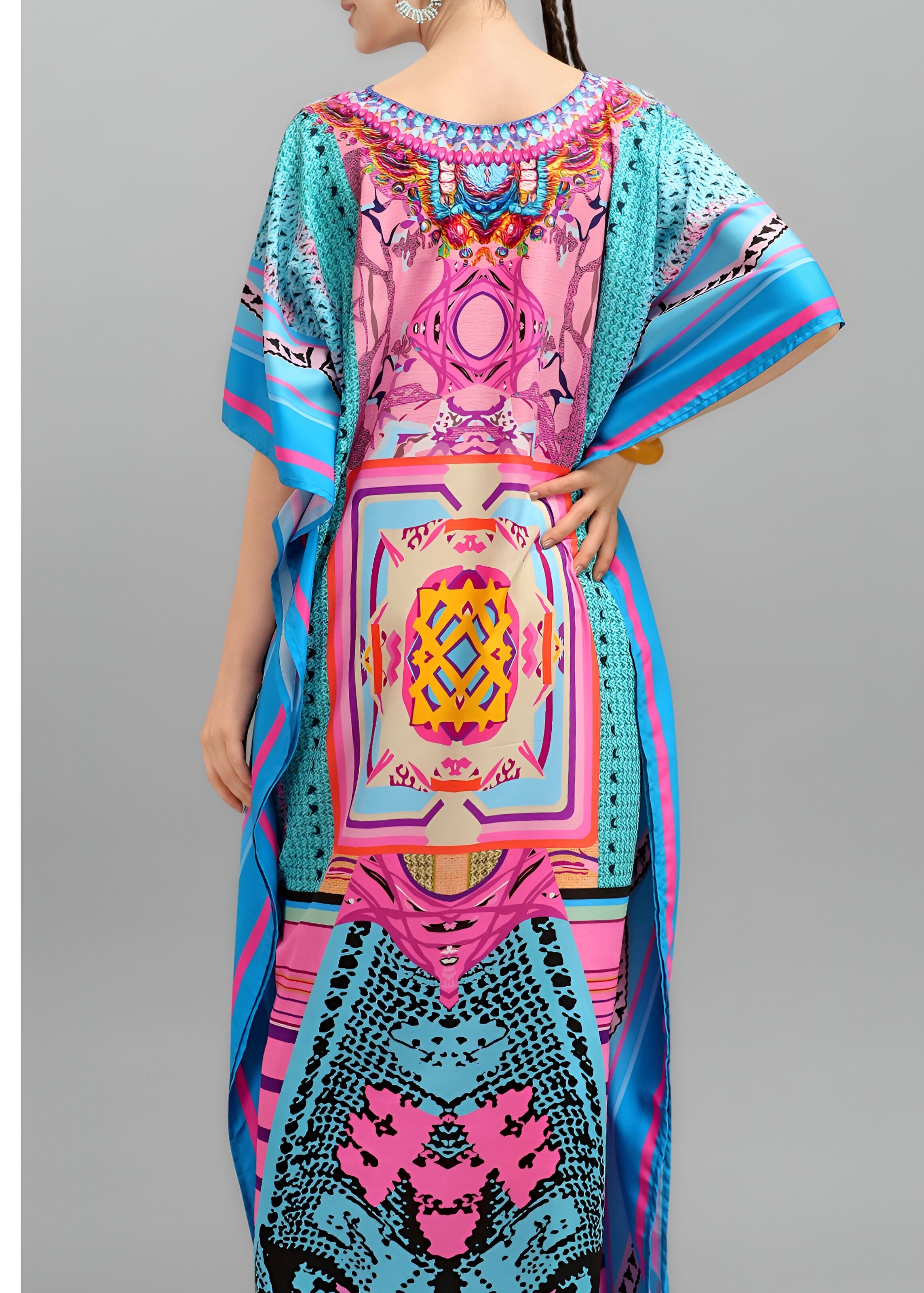 Multi Polyester Crepe Readymade Kaftan Digital Print With Stone Work