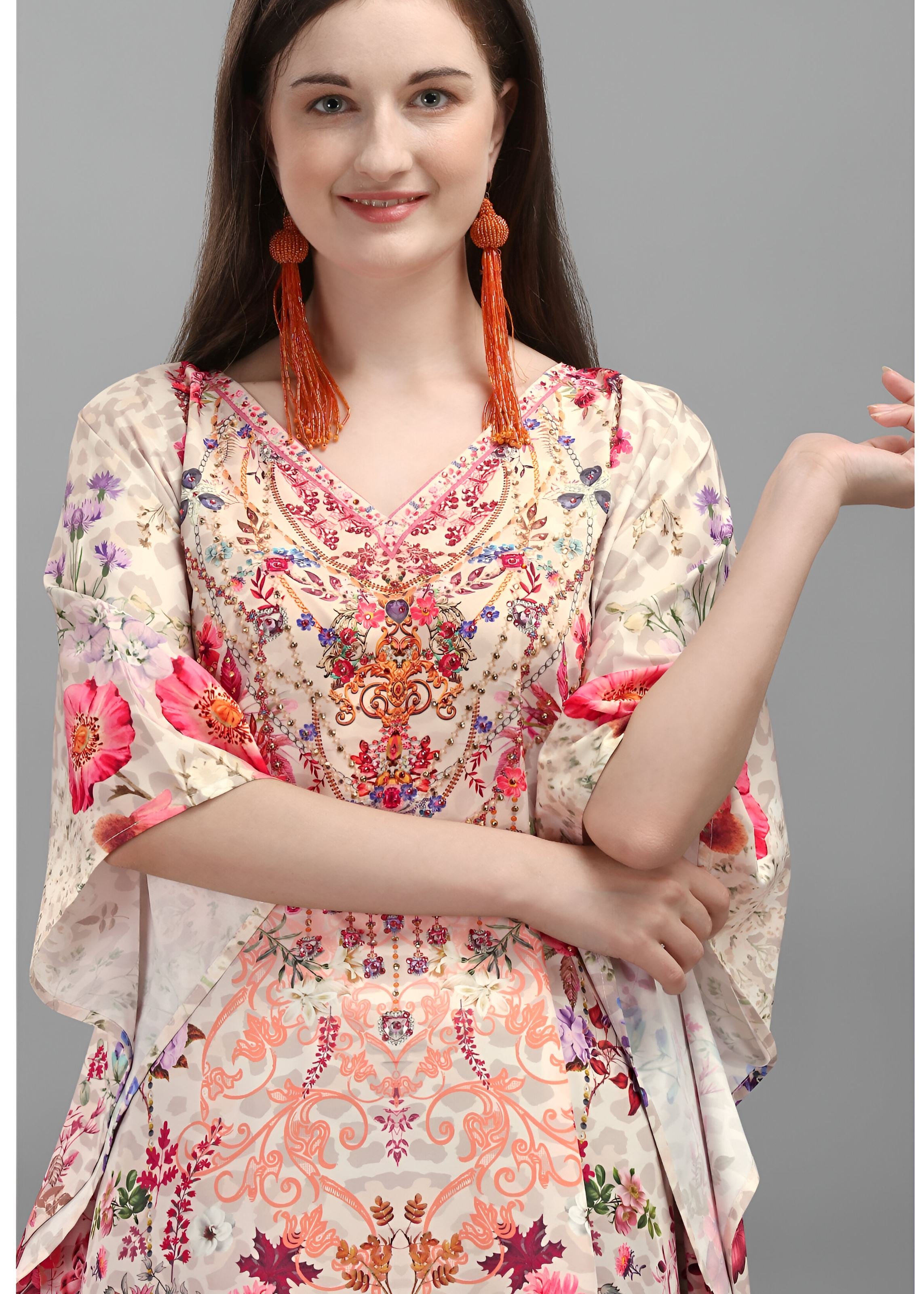 Multi Polyester Crepe Readymade Kaftan Digital Print With Stone Work