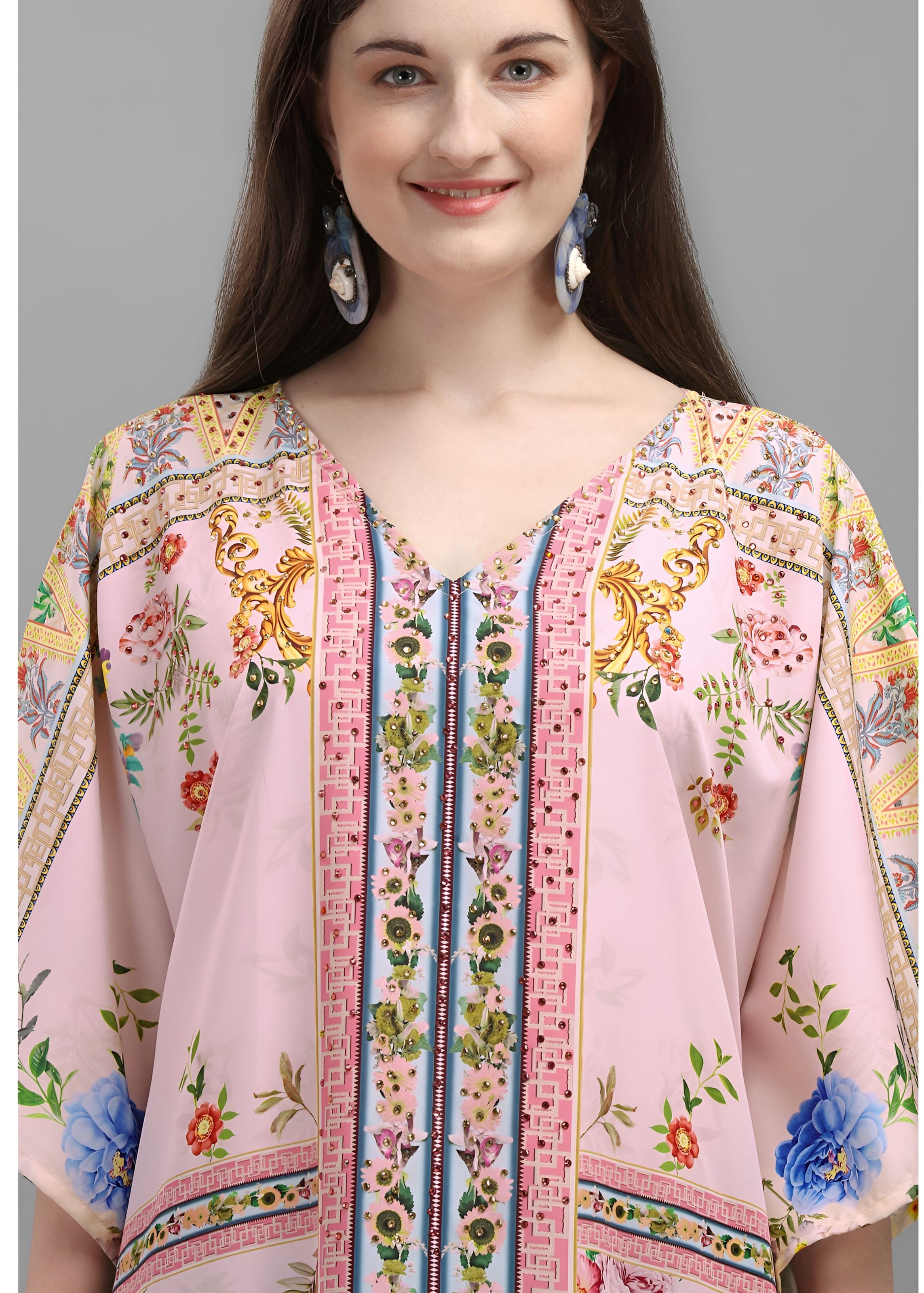 Multi Polyester Crepe Readymade Kaftan Digital Print With Stone Work