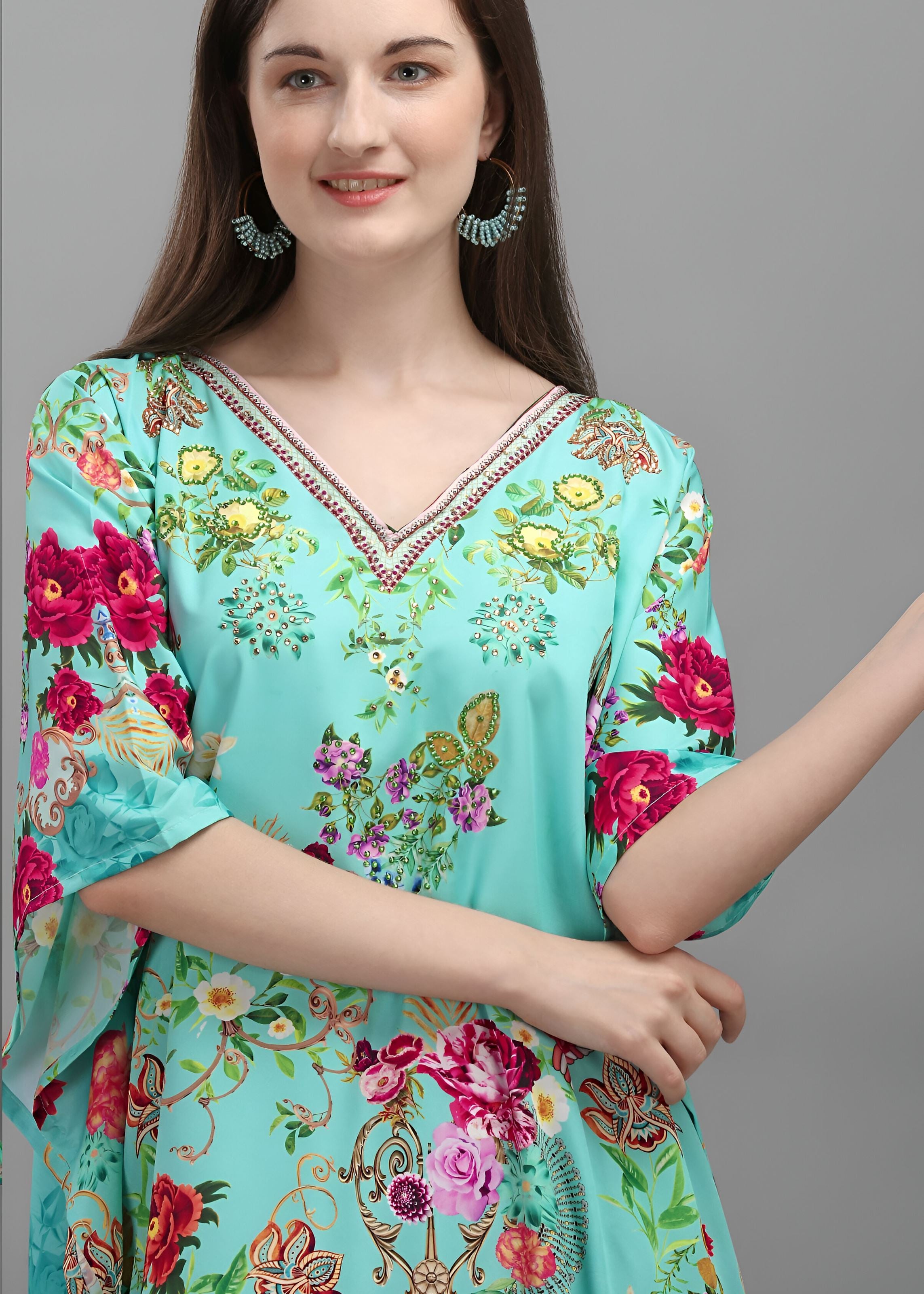 Multi Polyester Crepe Readymade Kaftan Digital Print With Stone Work