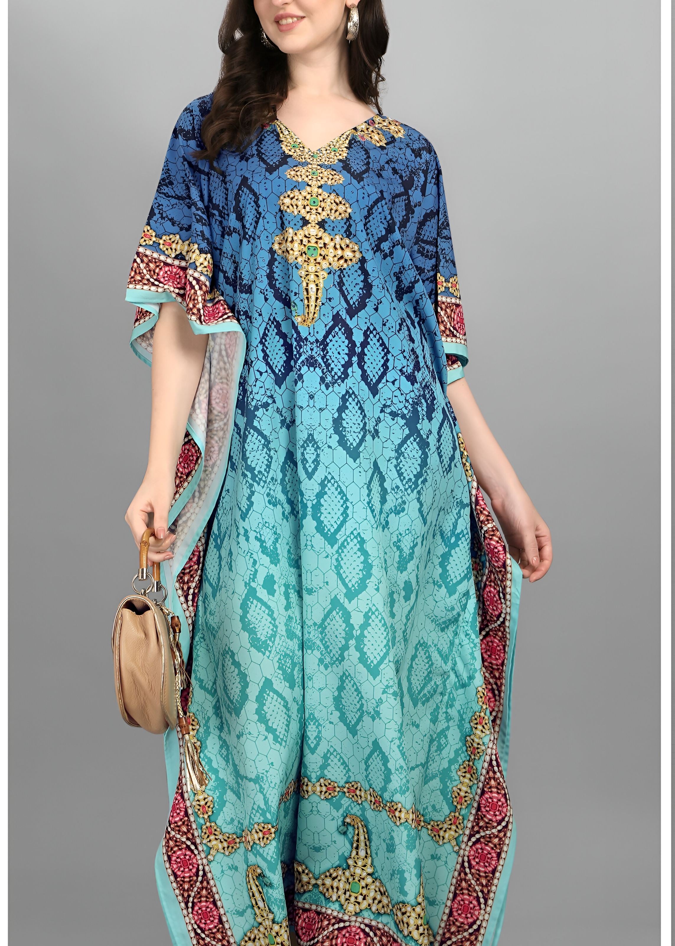 Multi Polyester Crepe Readymade Kaftan Digital Print With Stone Work