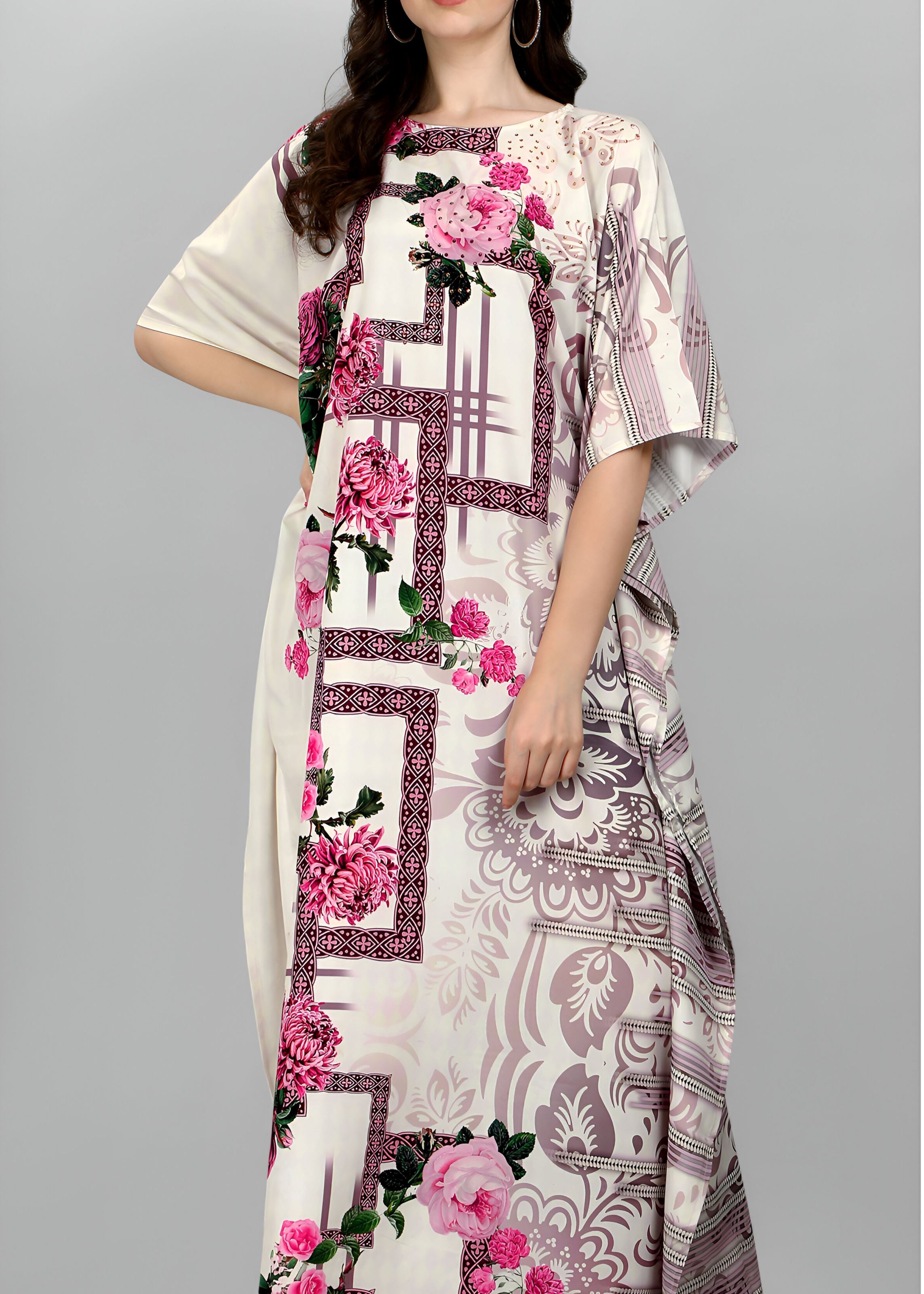 Multi Polyester Crepe Readymade Kaftan Digital Print With Stone Work