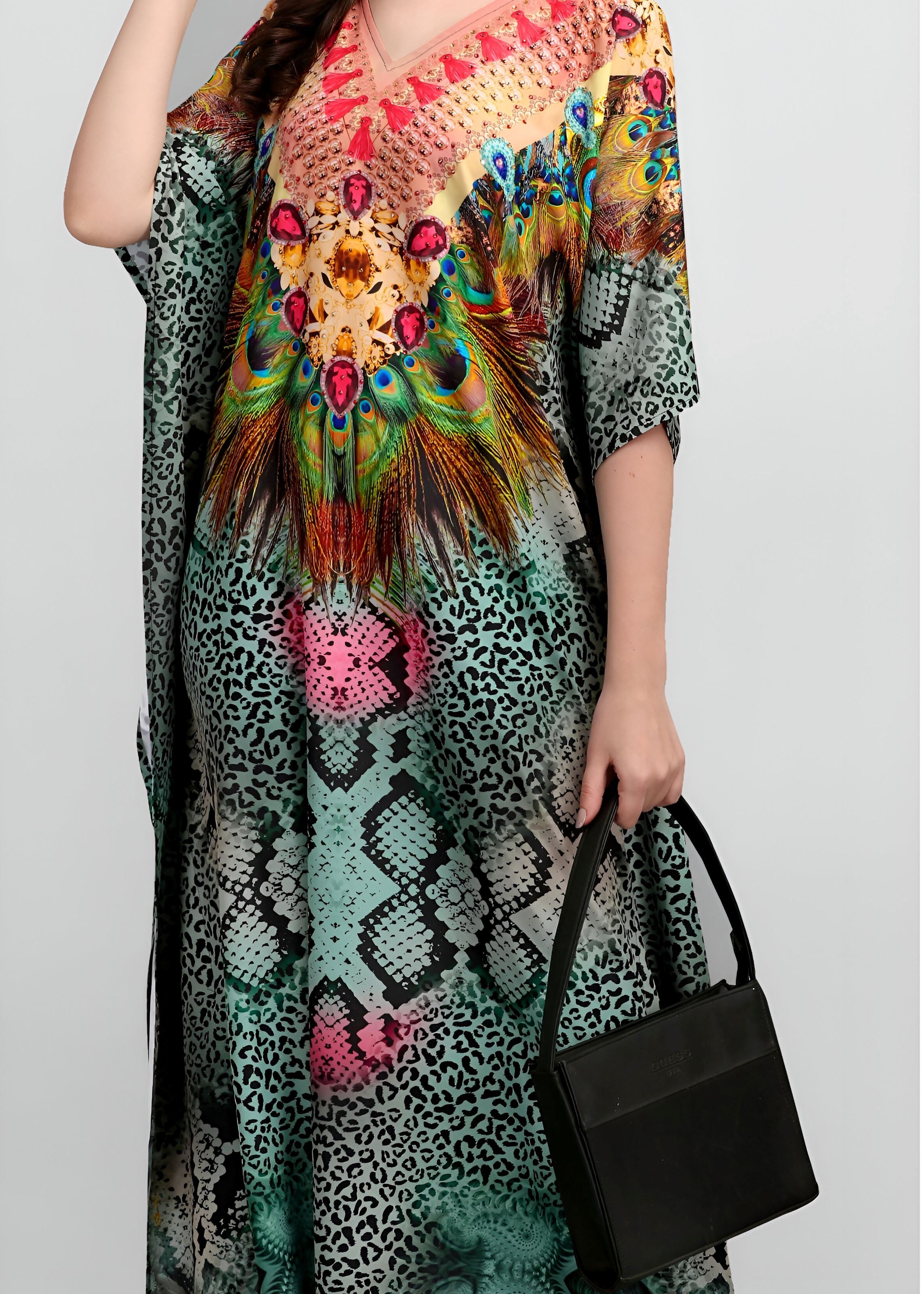 Multi Polyester Crepe Readymade Kaftan Digital Print With Stone Work