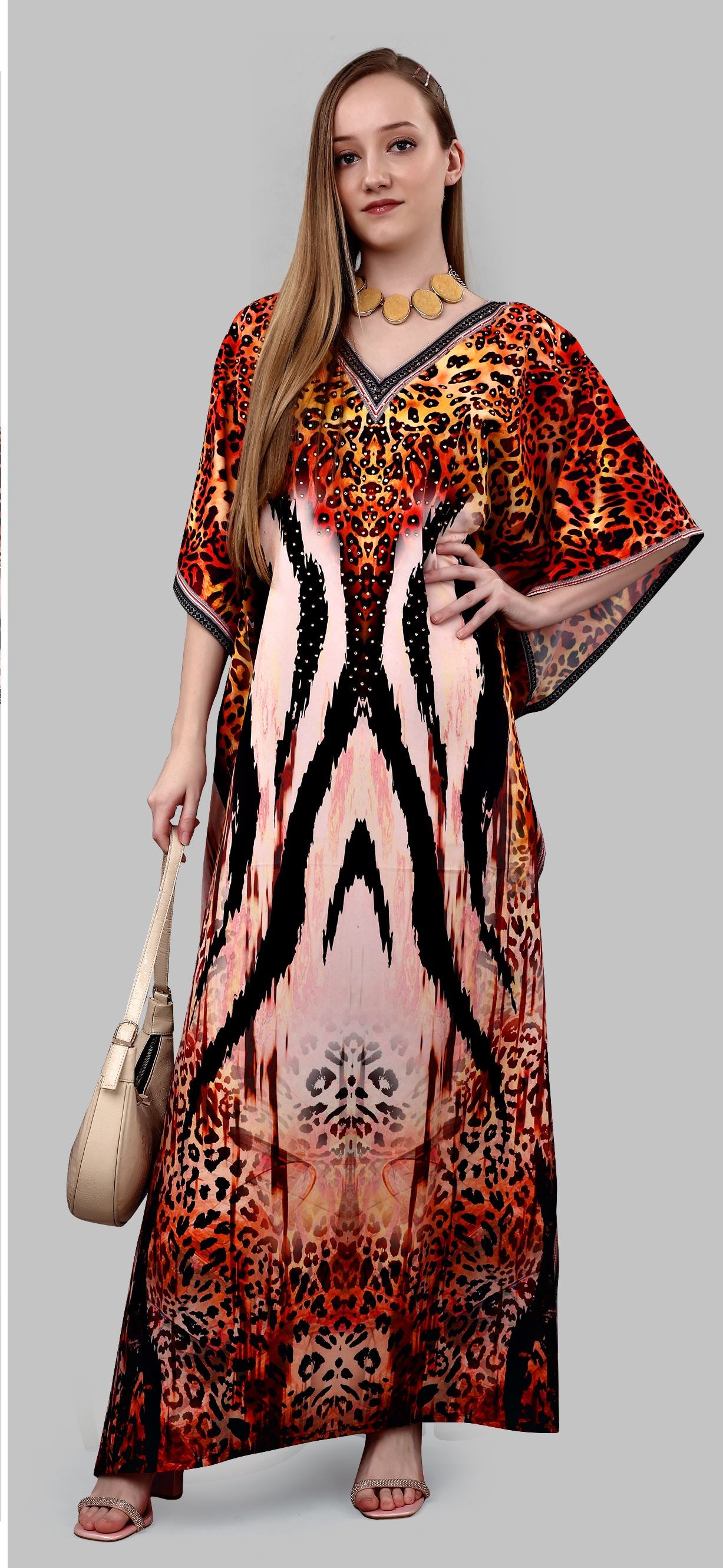 Multi Polyester Crepe Readymade Kaftan Digital Print With Stone Work