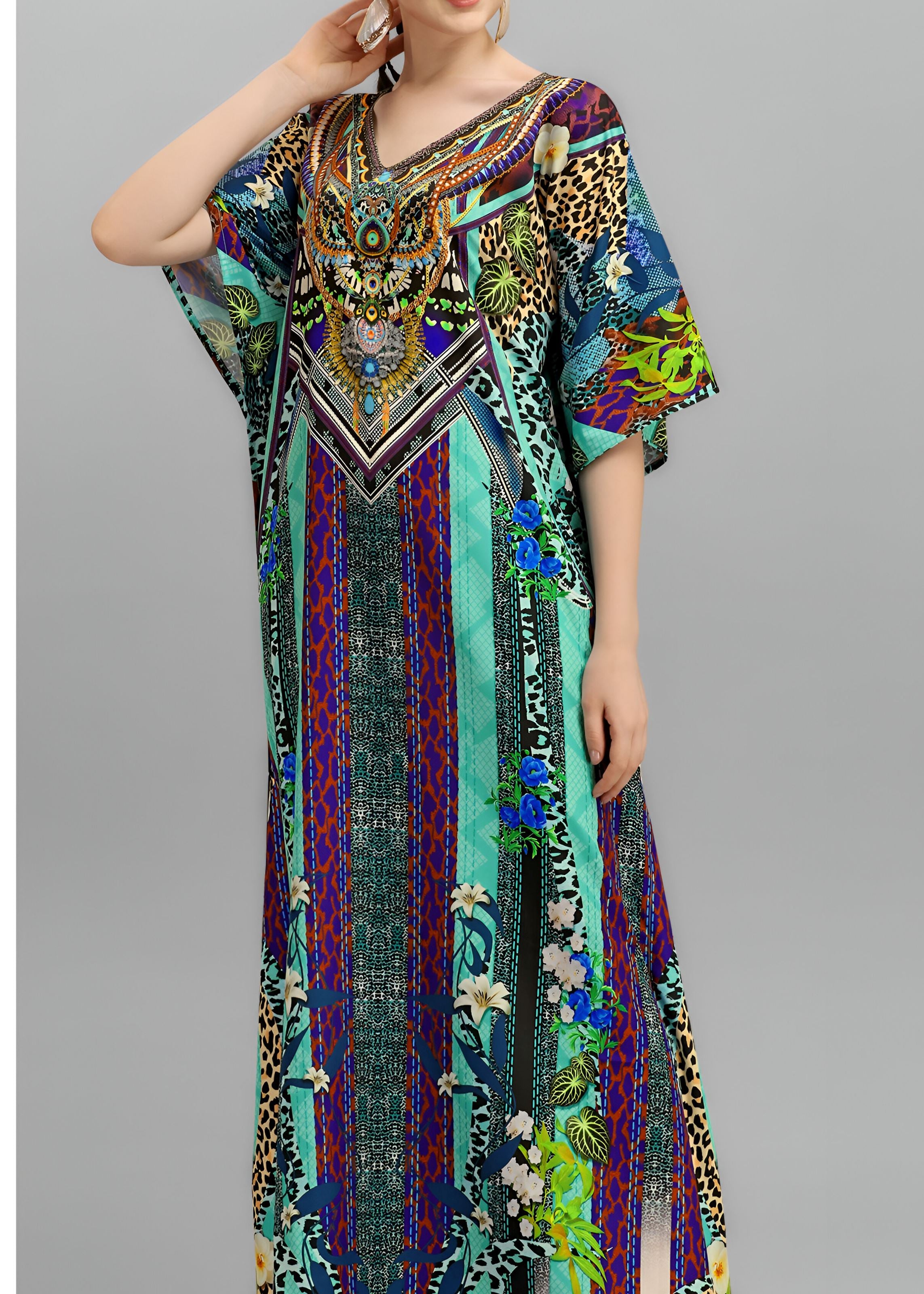 Multi Polyester Crepe Readymade Kaftan Digital Print With Stone Work