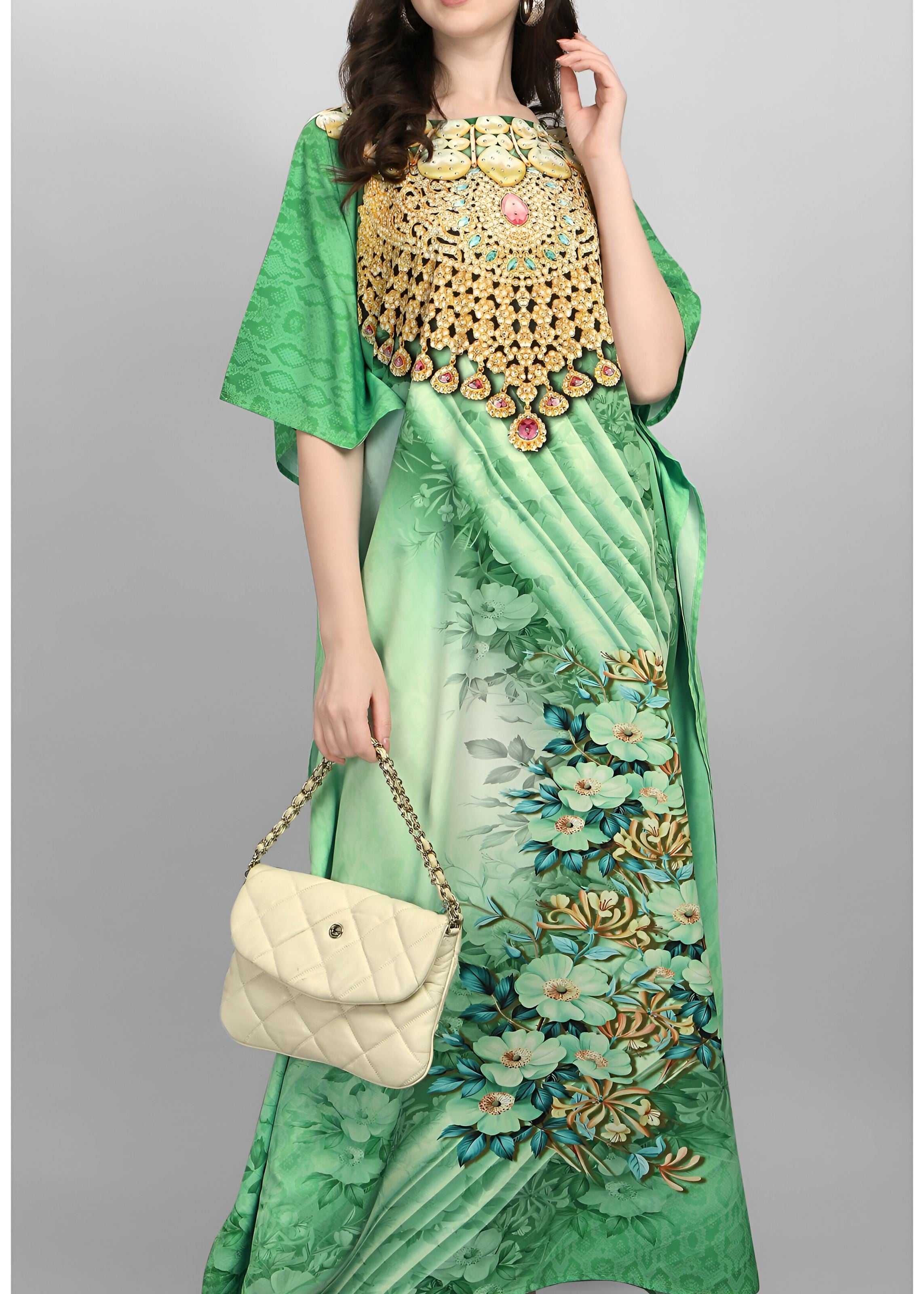 Multi Polyester Crepe Readymade Kaftan Digital Print With Stone Work