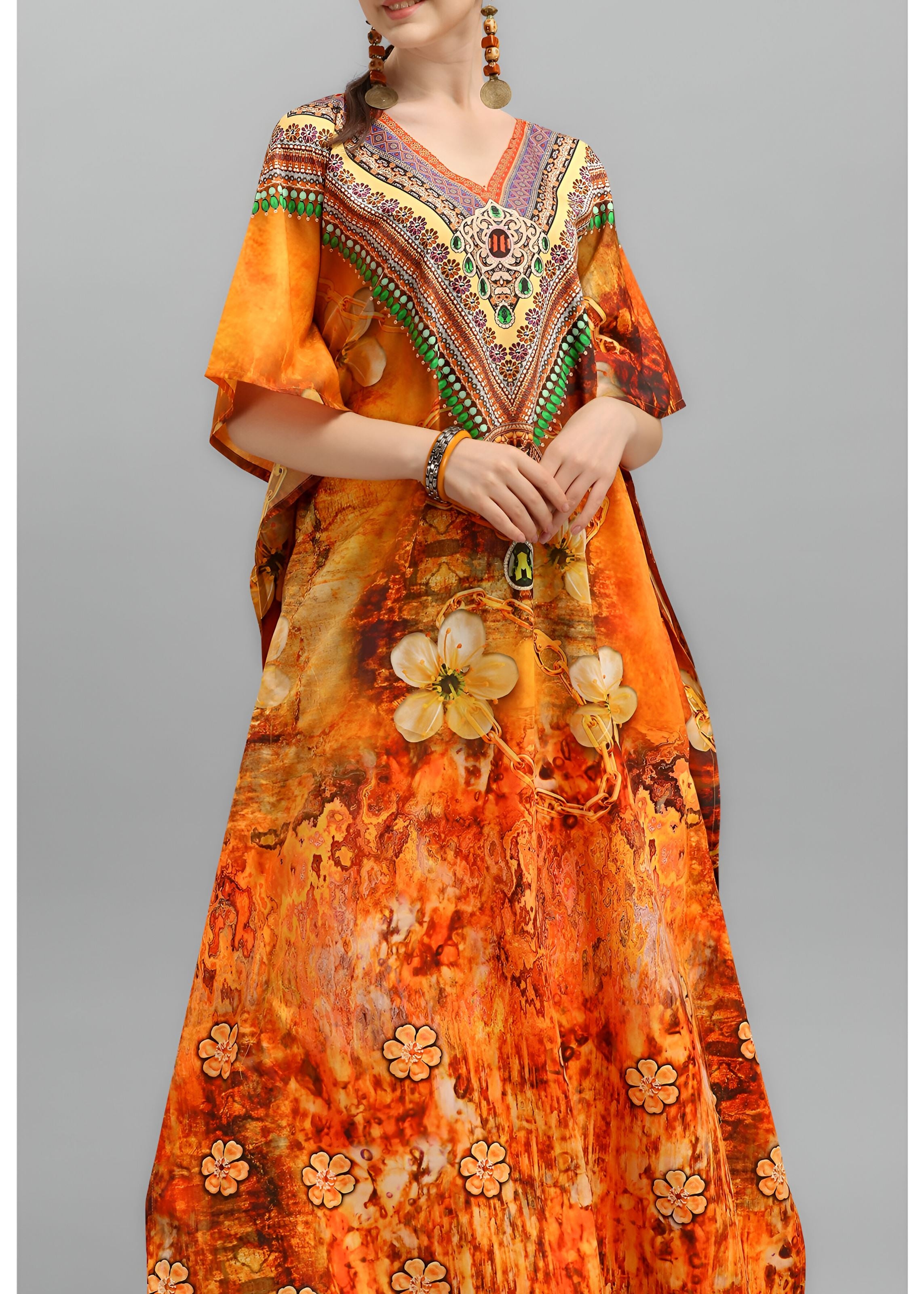 Multi Polyester Crepe Readymade Kaftan Digital Print With Stone Work
