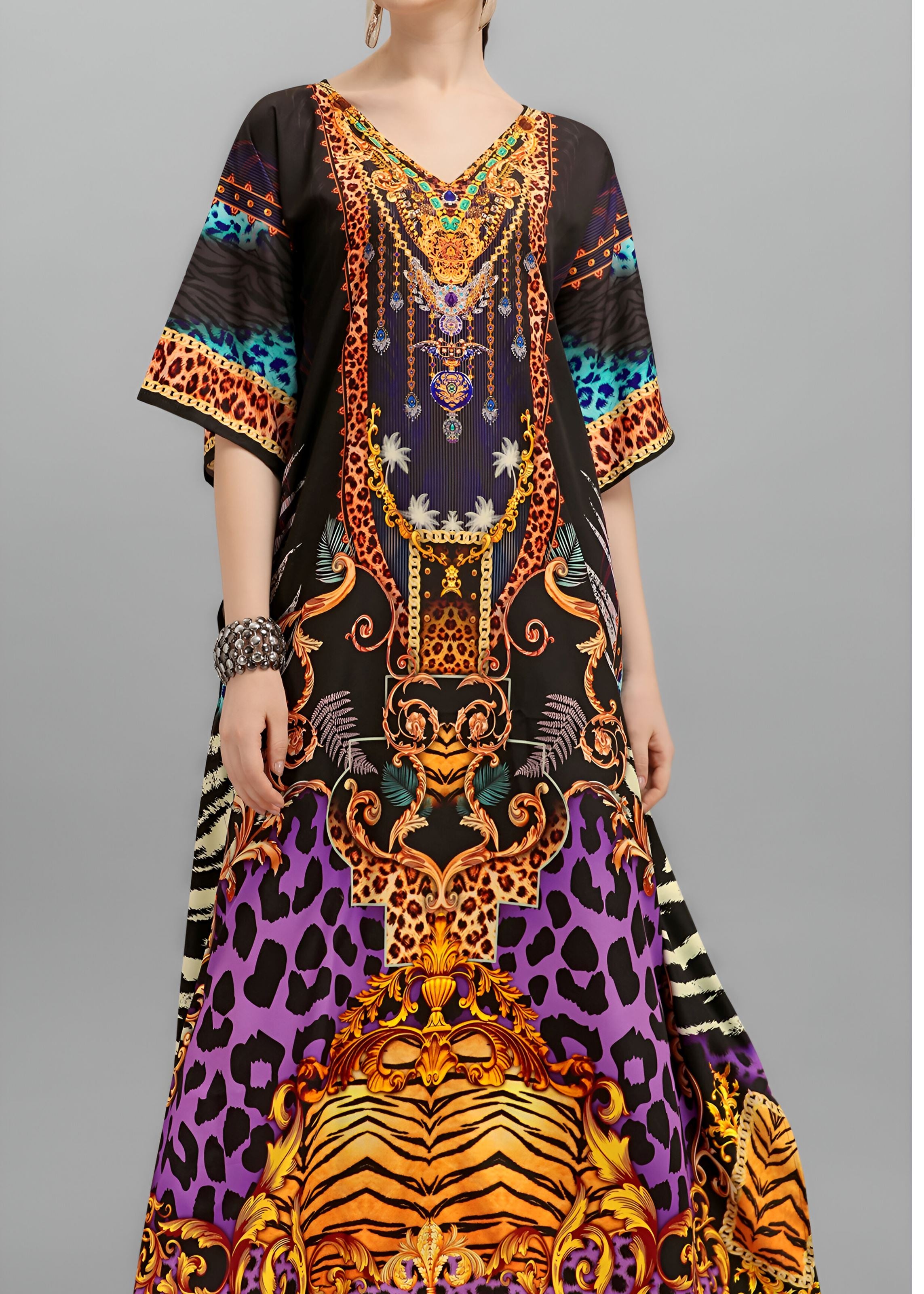 Multi Polyester Crepe Readymade Kaftan Digital Print With Stone Work