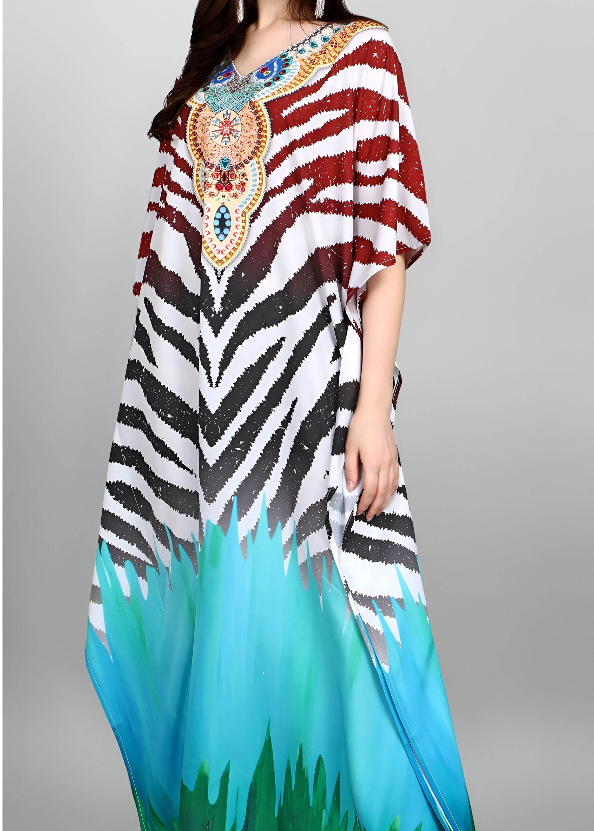 Multi Polyester Crepe Readymade Kaftan Digital Print With Stone Work