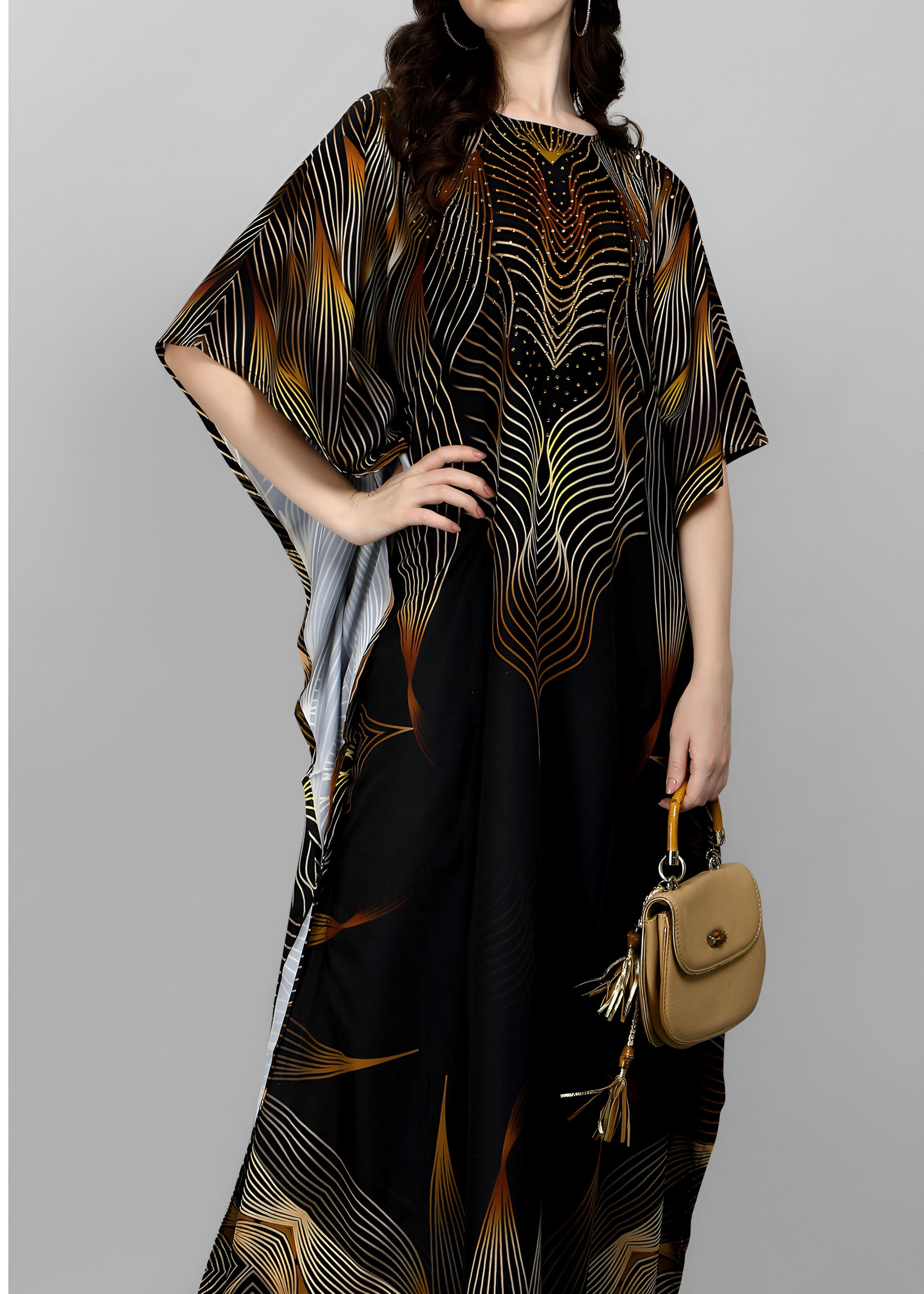 Multi Polyester Crepe Readymade Kaftan Digital Print With Stone Work