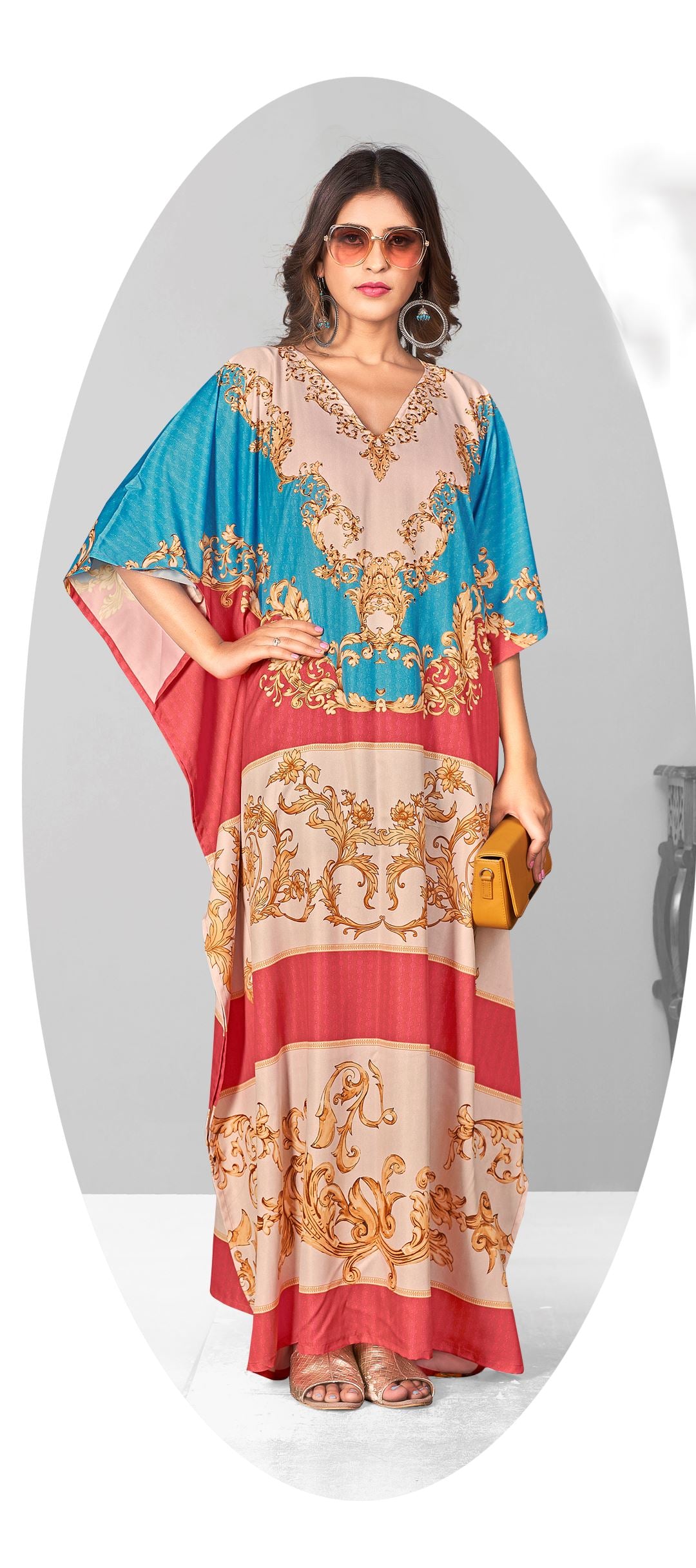 Multi Polyester Crepe Readymade Kaftan Digital Print With Stone Work