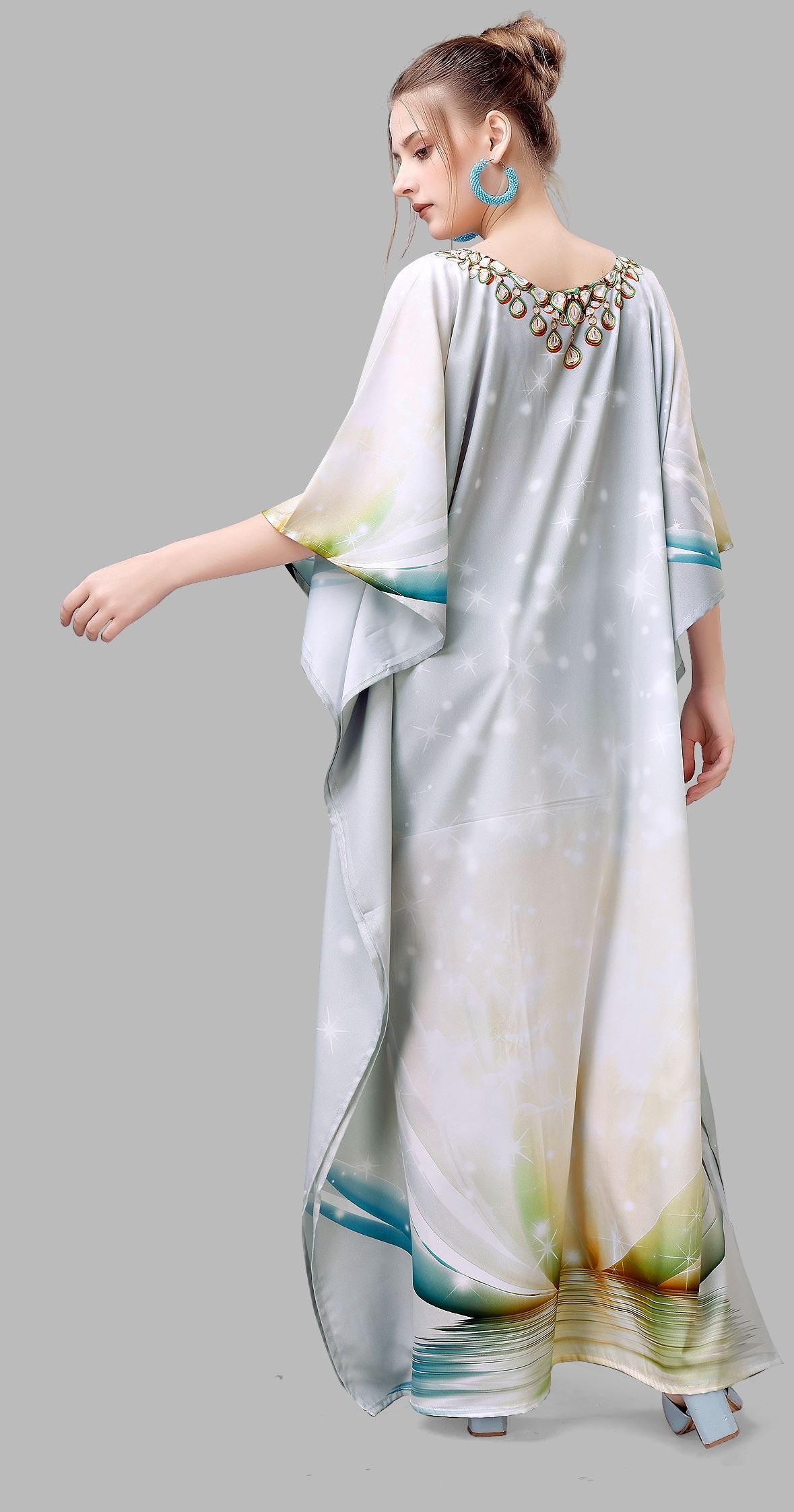 Multi Polyester Crepe Readymade Kaftan Digital Print With Stone Work