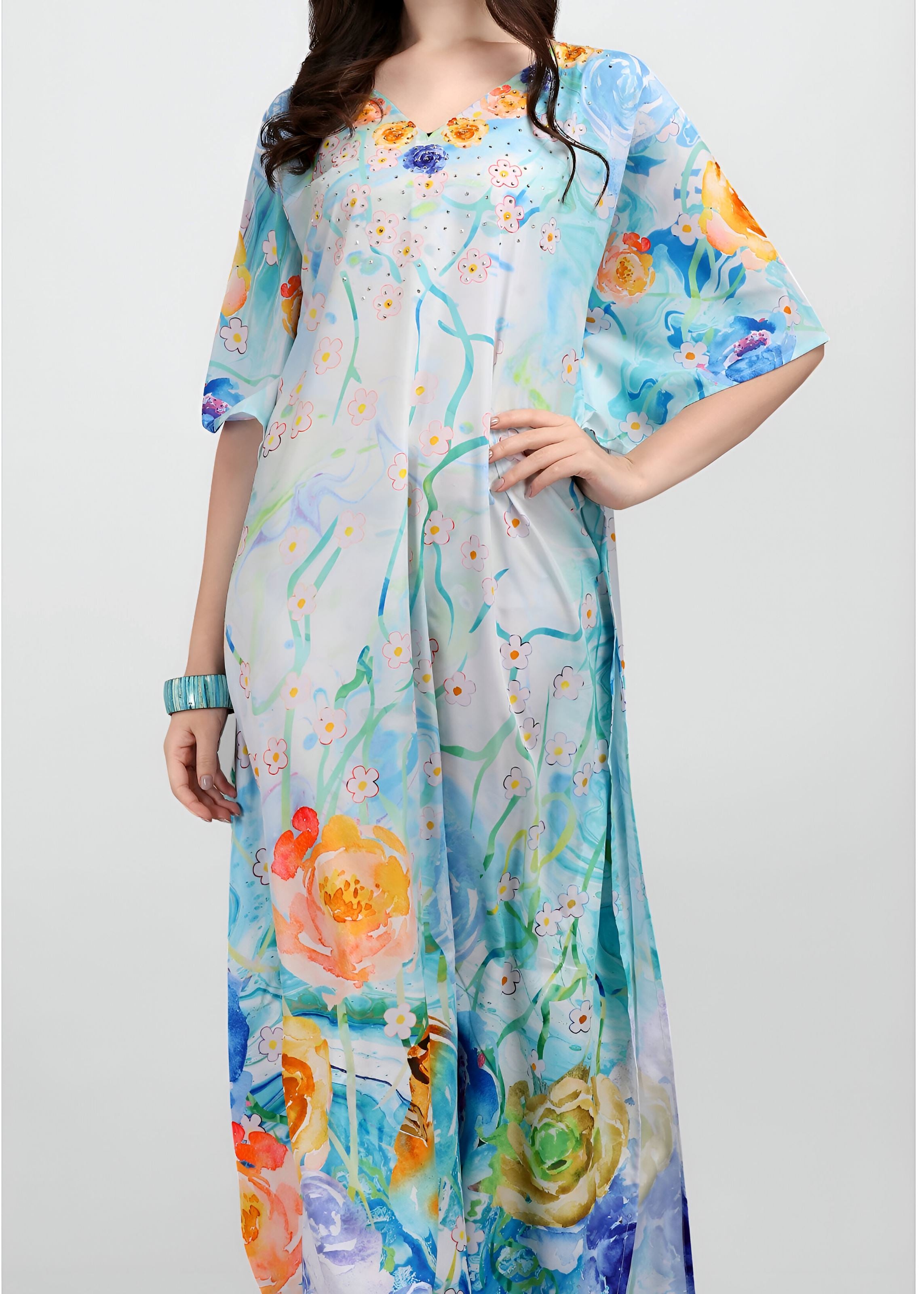 Multi Polyester Crepe Readymade Kaftan Digital Print With Stone Work