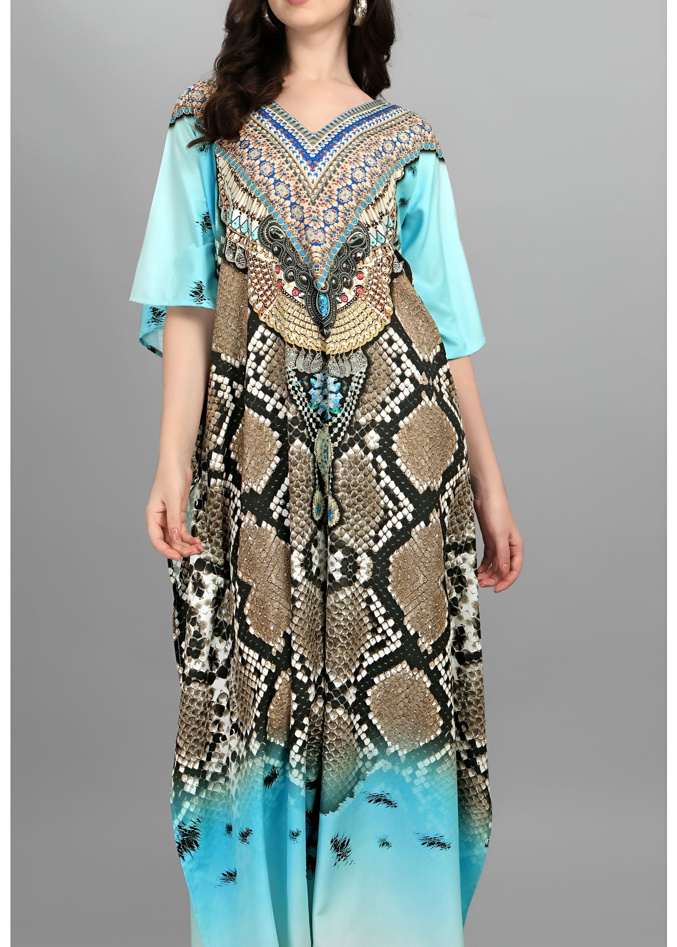 Multi Polyester Crepe Readymade Kaftan Digital Print With Stone Work