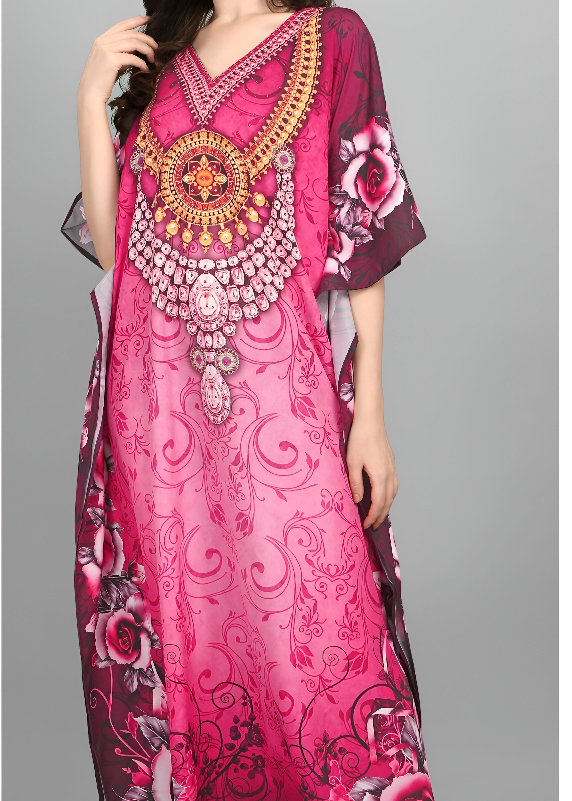 Multi Polyester Crepe Readymade Kaftan Digital Print With Stone Work