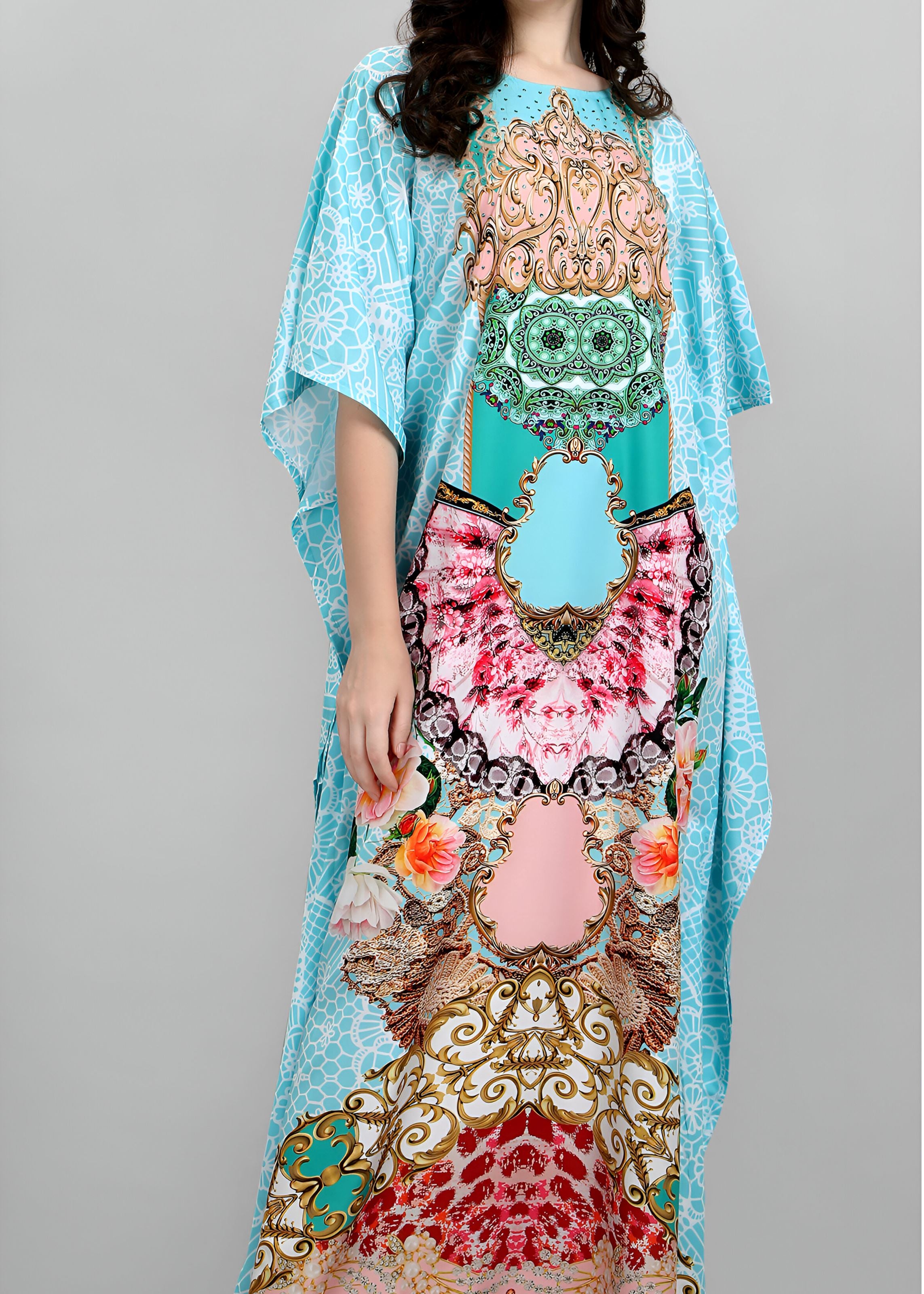 Multi Polyester Crepe Readymade Kaftan Digital Print With Stone Work