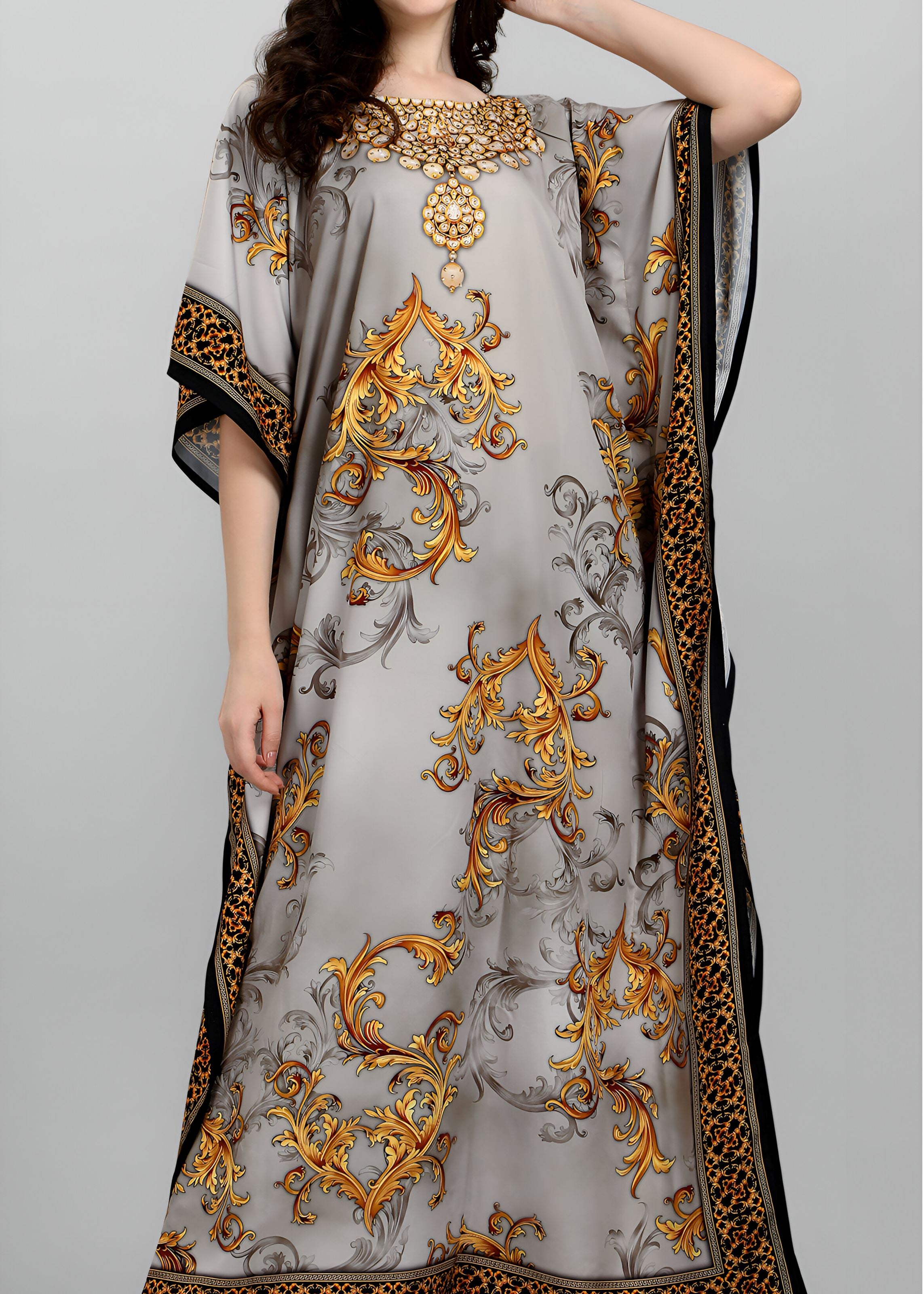 Multi Polyester Crepe Readymade Kaftan Digital Print With Stone Work