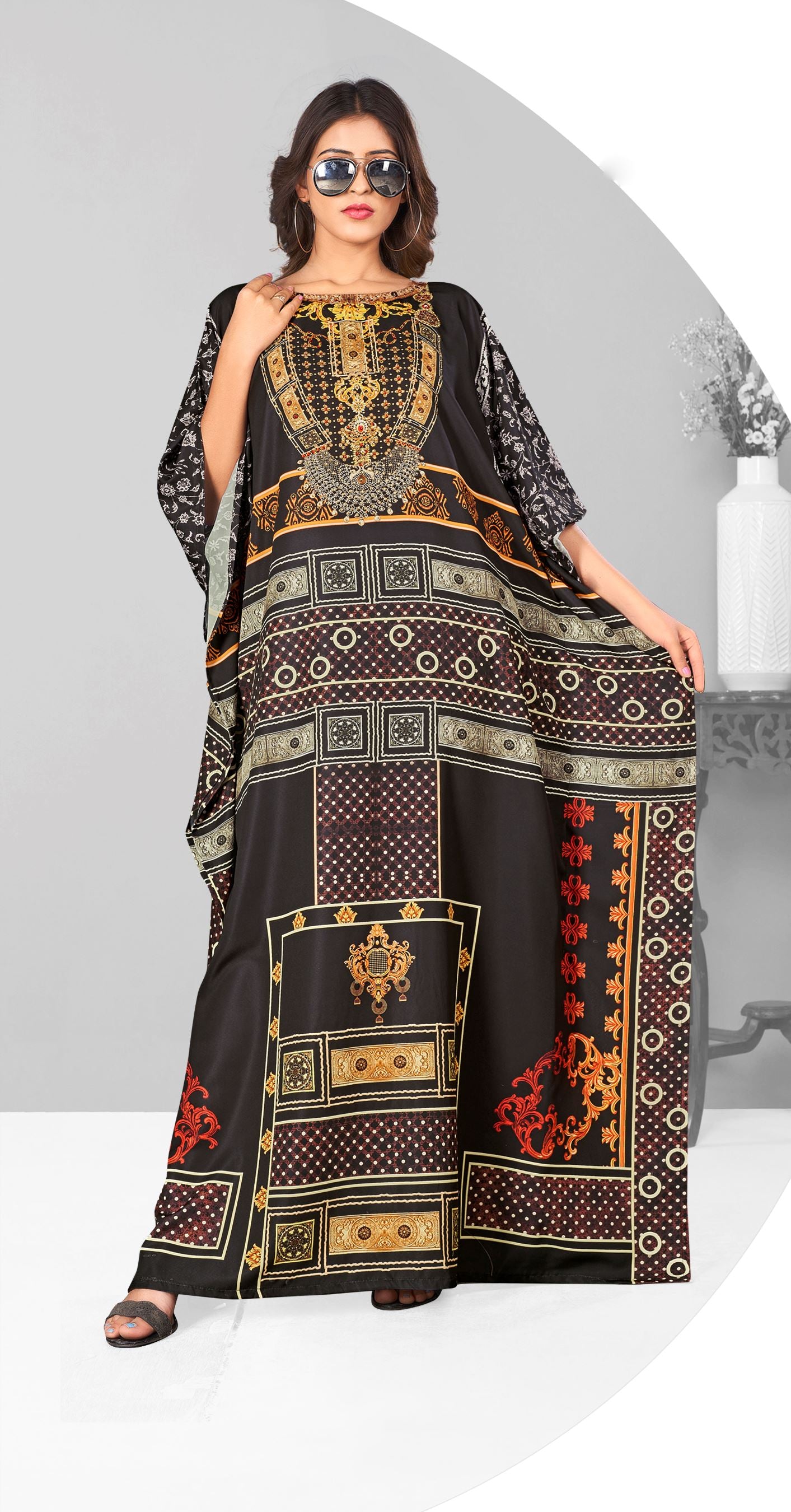 Multi Polyester Crepe Readymade Kaftan Digital Print With Stone Work