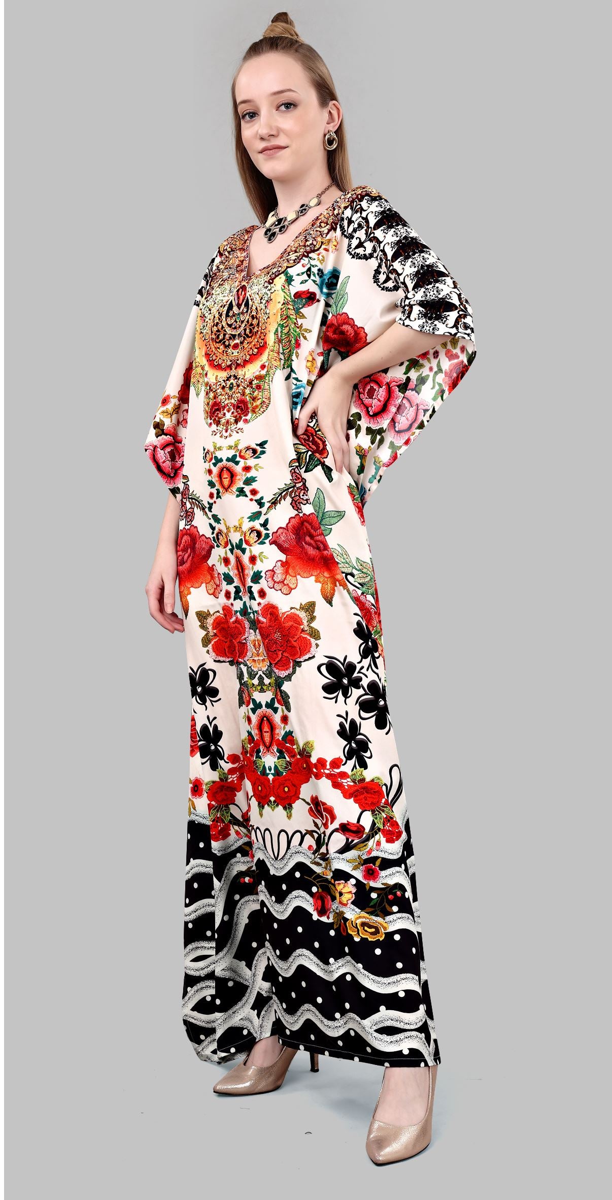 Multi Polyester Crepe Readymade Kaftan Digital Print With Stone Work