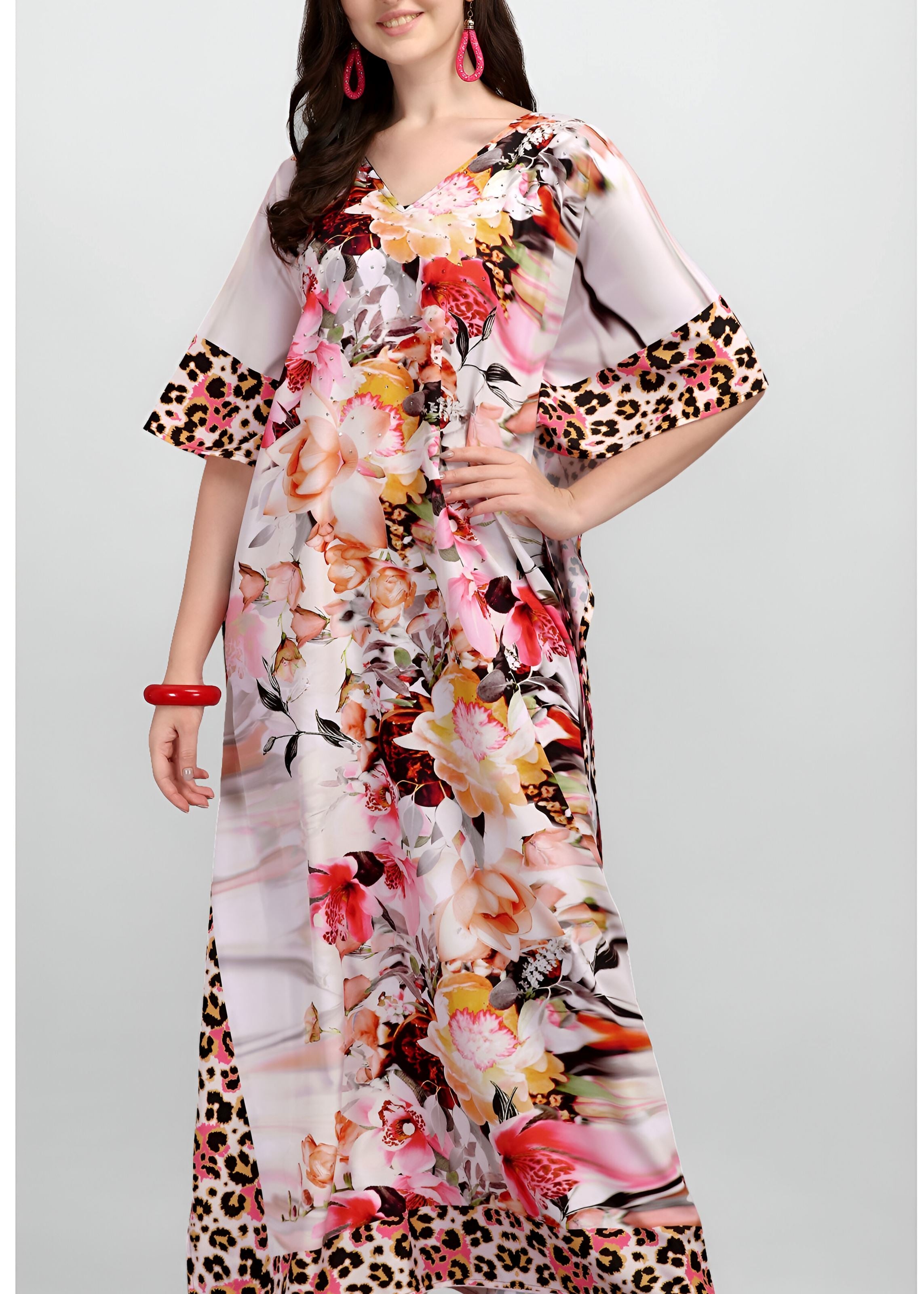 Multi Polyester Crepe Readymade Kaftan Digital Print With Stone Work