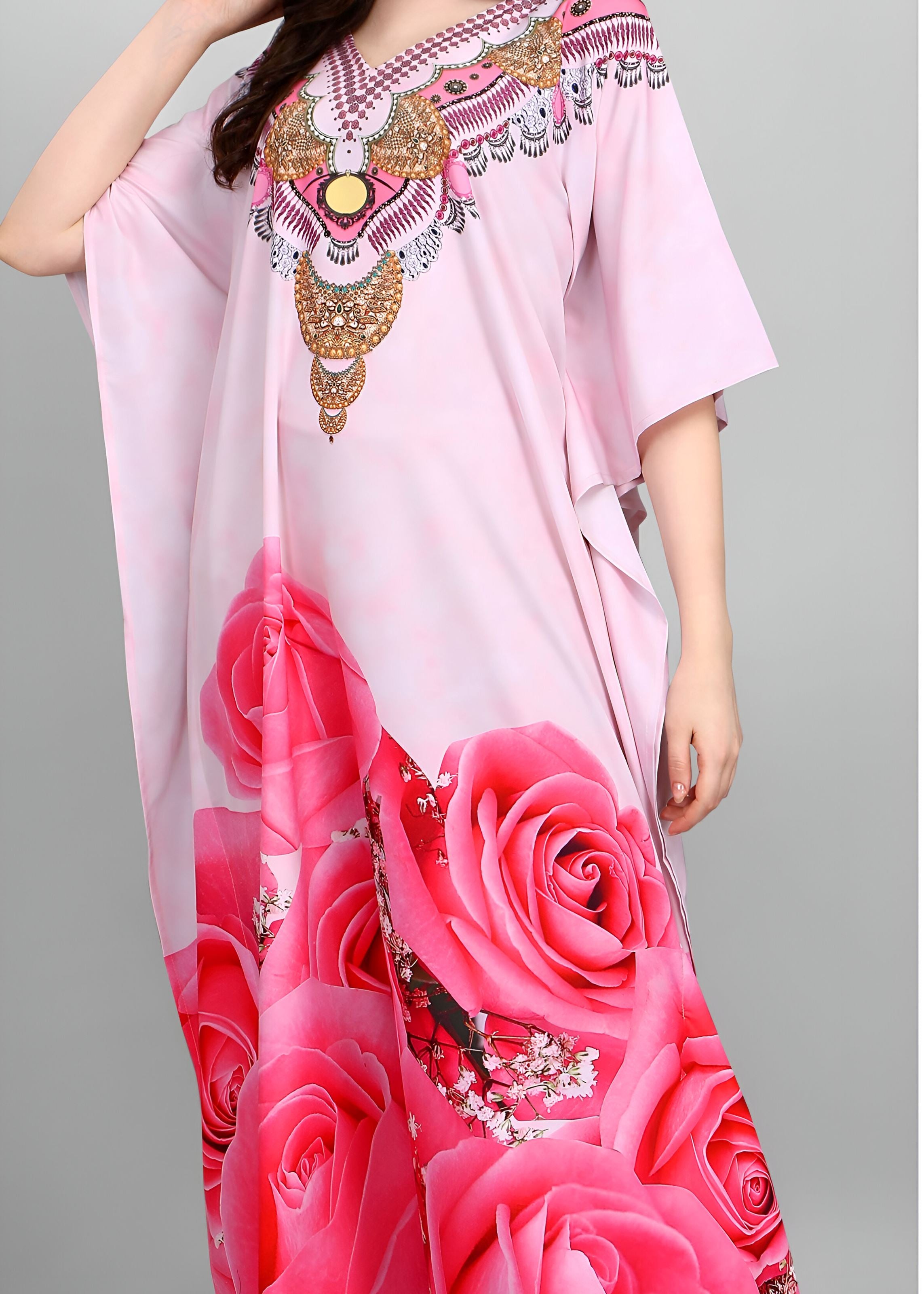 Multi Polyester Crepe Readymade Kaftan Digital Print With Stone Work