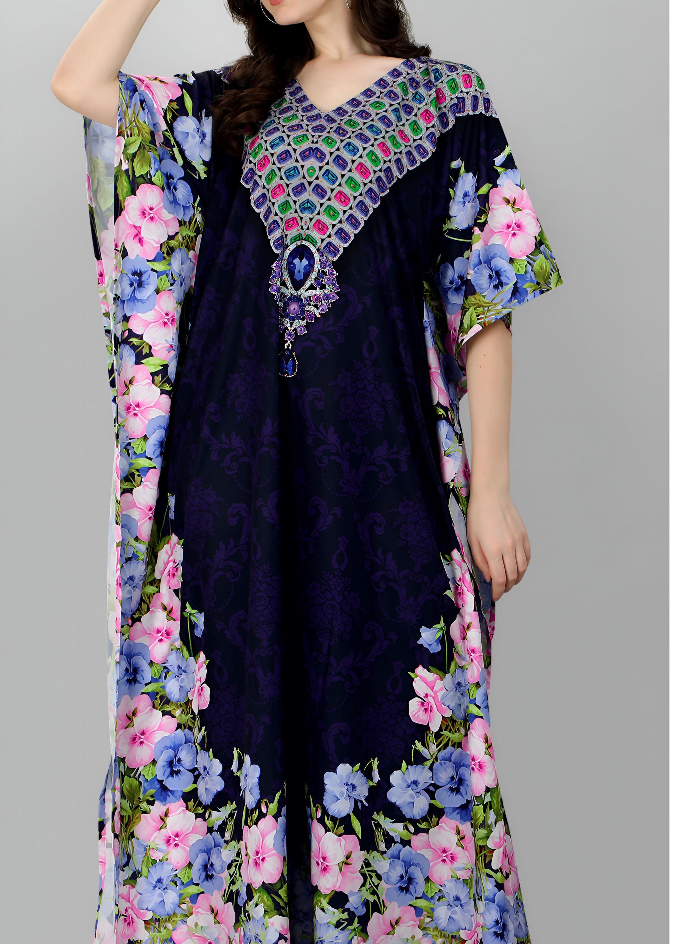 Multi Polyester Crepe Readymade Kaftan Digital Print With Stone Work