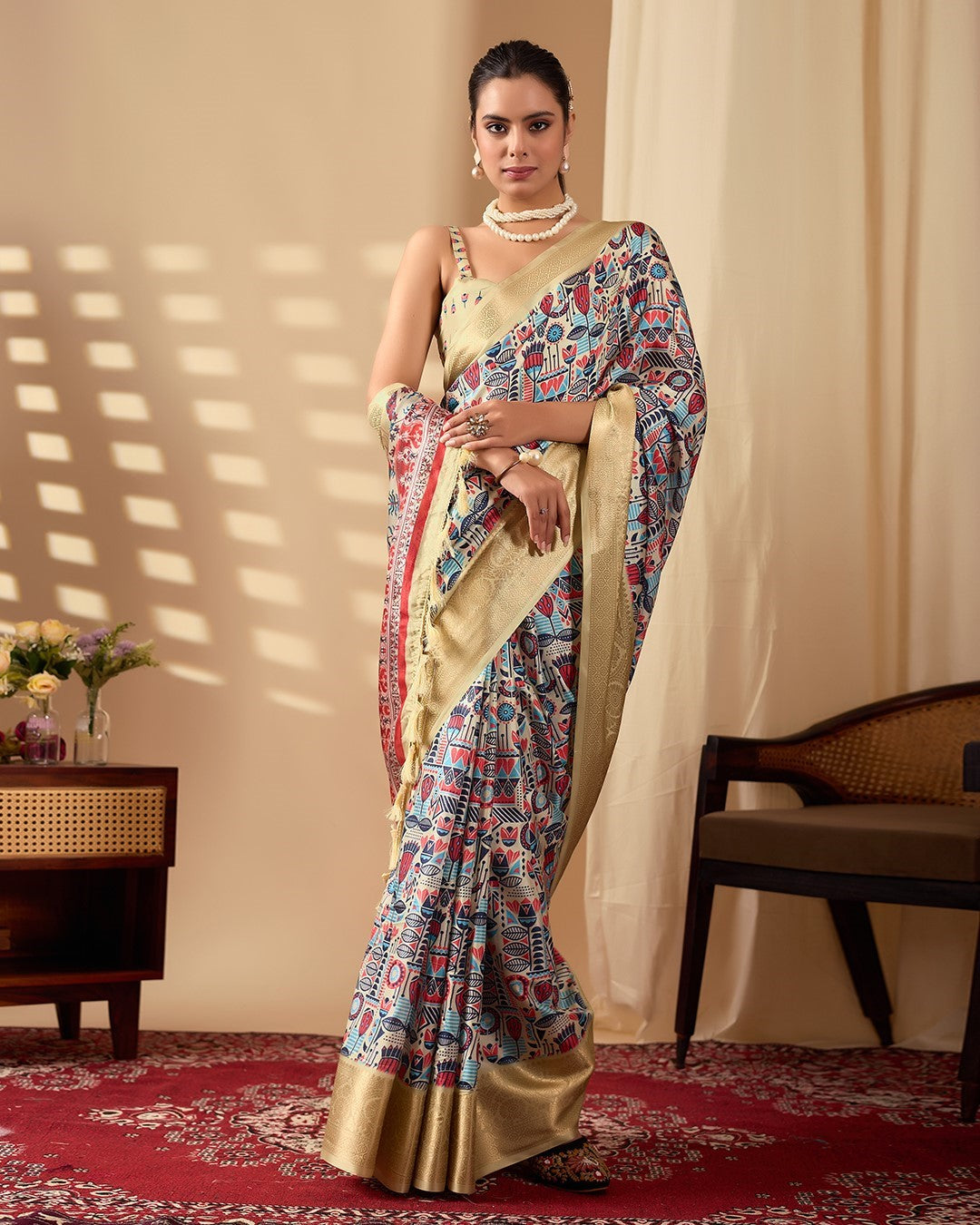 Multi Soft Lichi Silk Saree With Digital Printed Premium Designer Saree