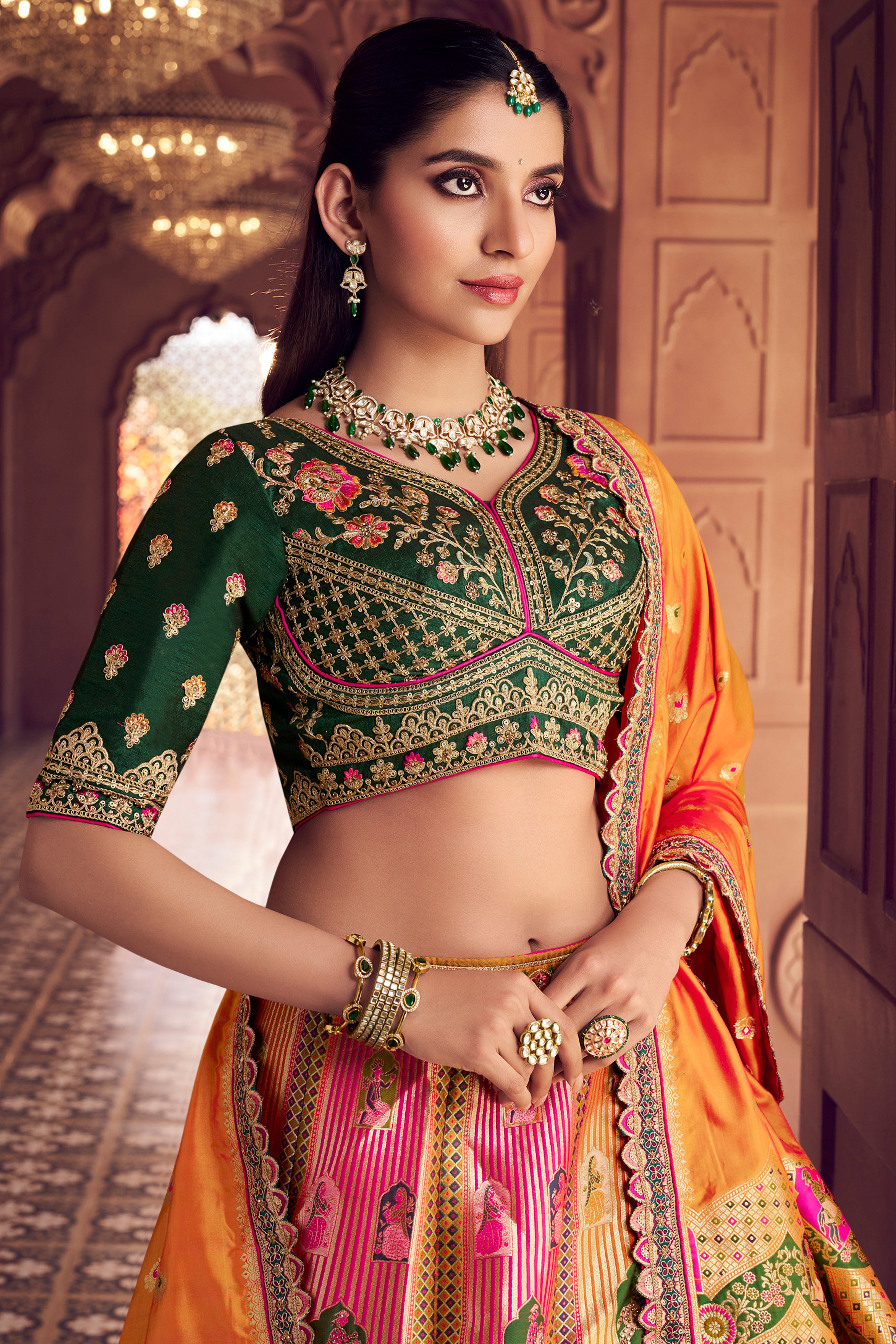 Multicolor Banarasi Premium Silk Lehenga Choli With Heavy Thread Embroidery, Sequence, Swarovski ,Stone With Zari Weaving Work