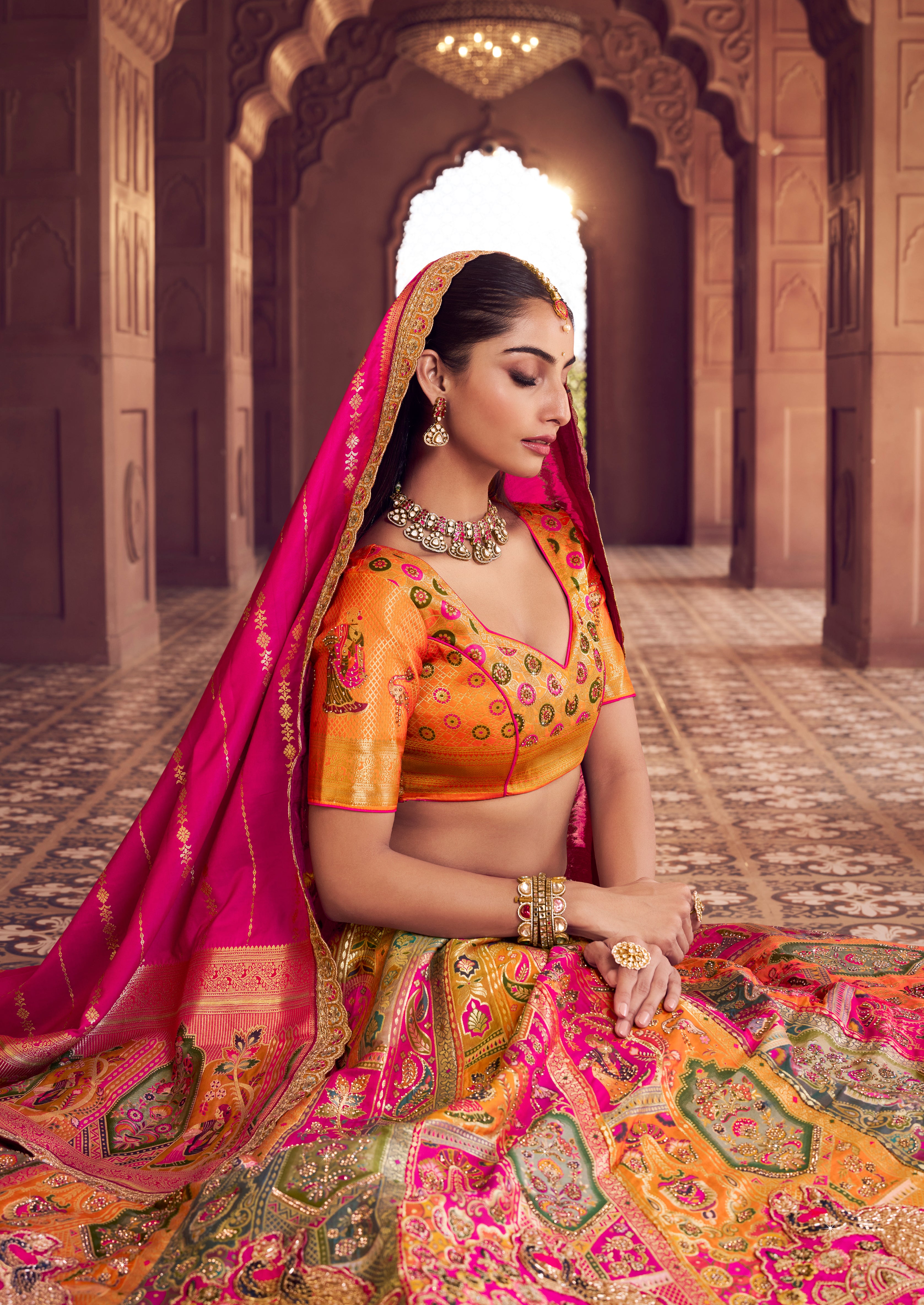 Multicolor Banarasi Premium Silk Lehenga Choli With Heavy Thread Embroidery, Sequence, Swarovski ,Stone With Zari Weaving Work