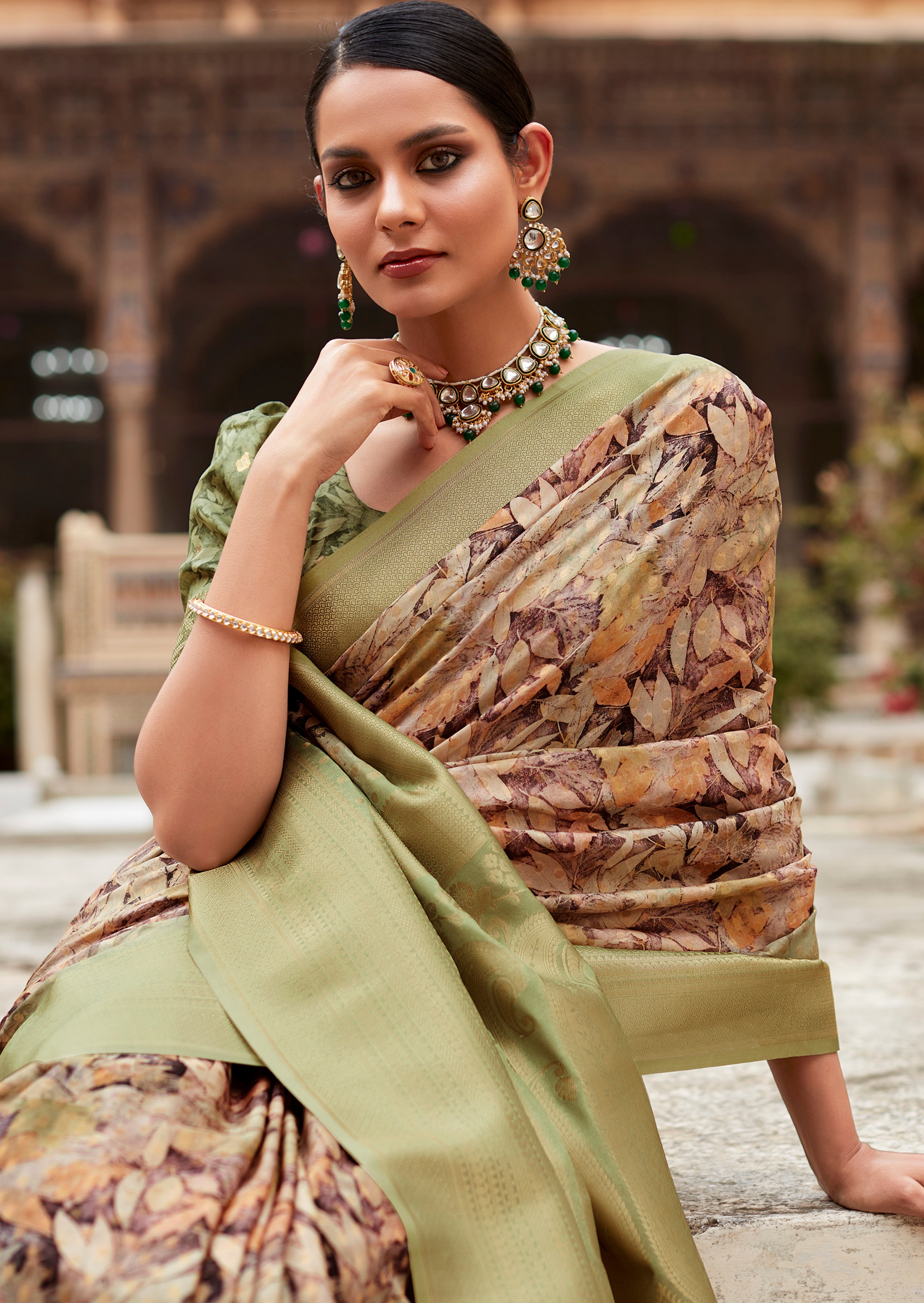 Multicolor Crepe Silk Saree With Print and Woven Work