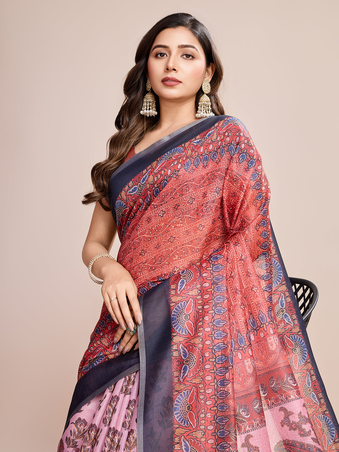 Multicolor Designer Printed Linen Fabric Partywear Saree For Trendy Designer Looks