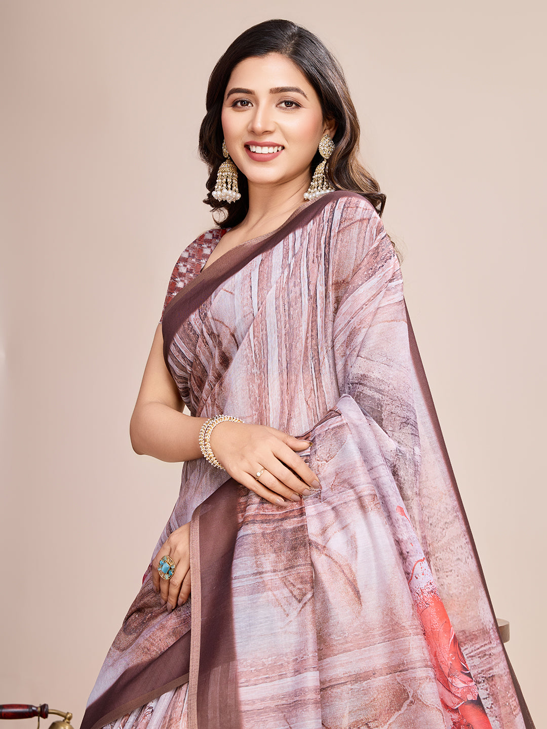 Multicolor Designer Printed Linen Fabric Partywear Saree For Trendy Designer Looks